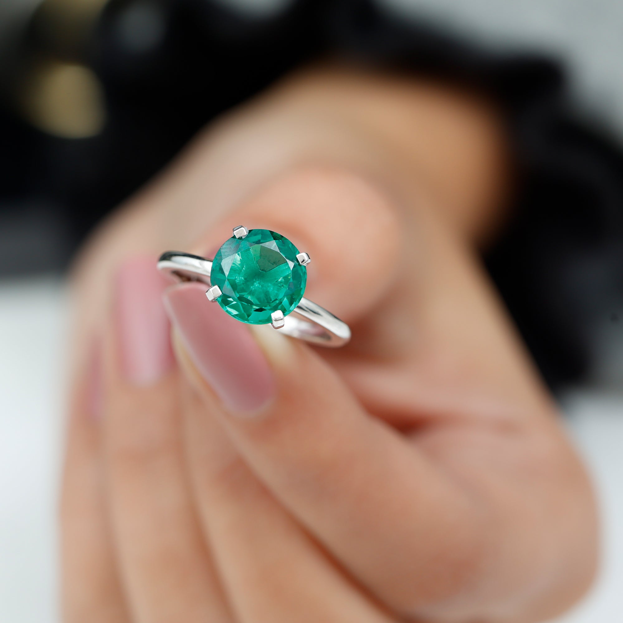 Simple Round Lab Grown Emerald Solitaire Engagement Ring Lab Created Emerald - ( AAAA ) - Quality - Rosec Jewels