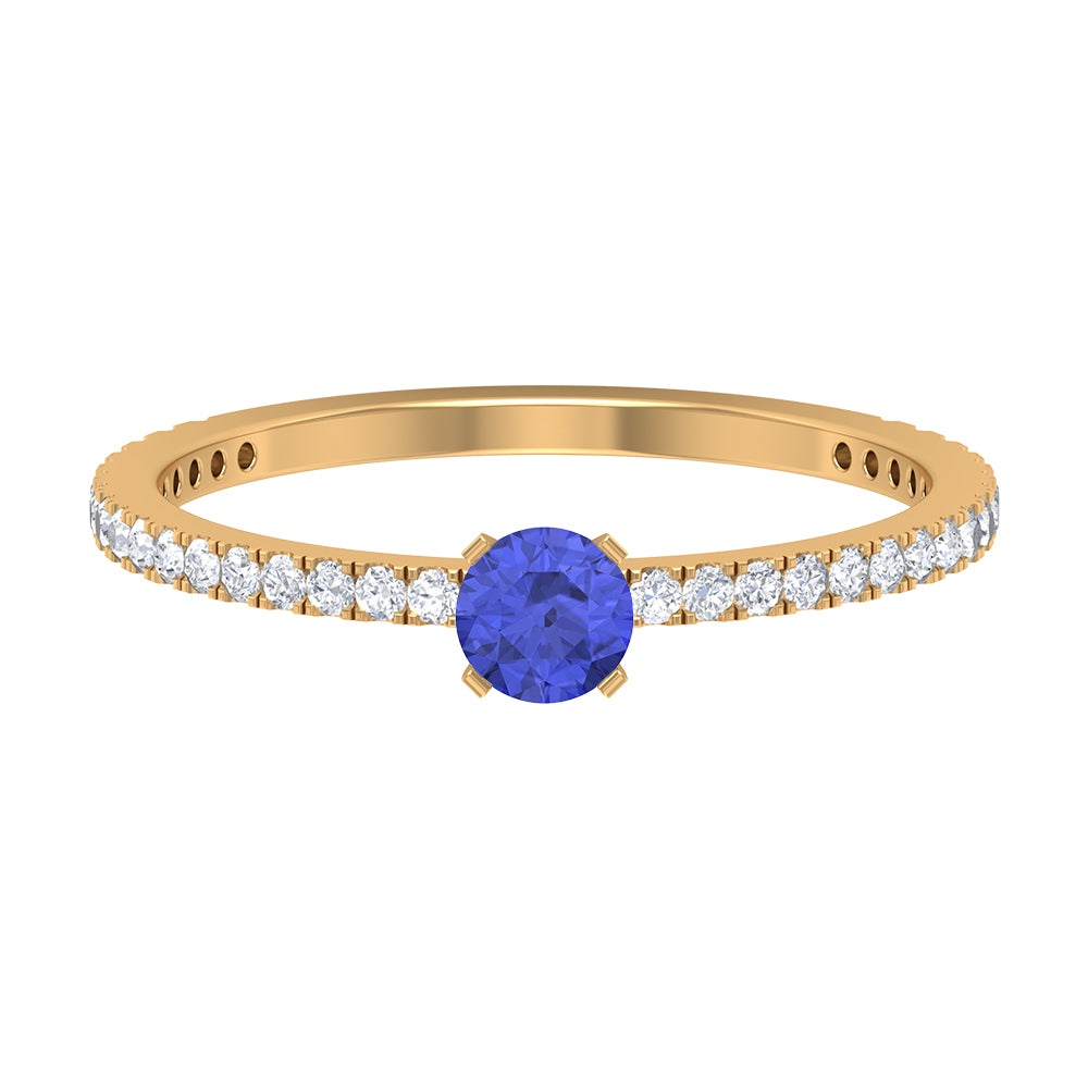 Tanzanite Dainty Solitaire Ring with French Pave Set Diamond Tanzanite - ( AAA ) - Quality - Rosec Jewels