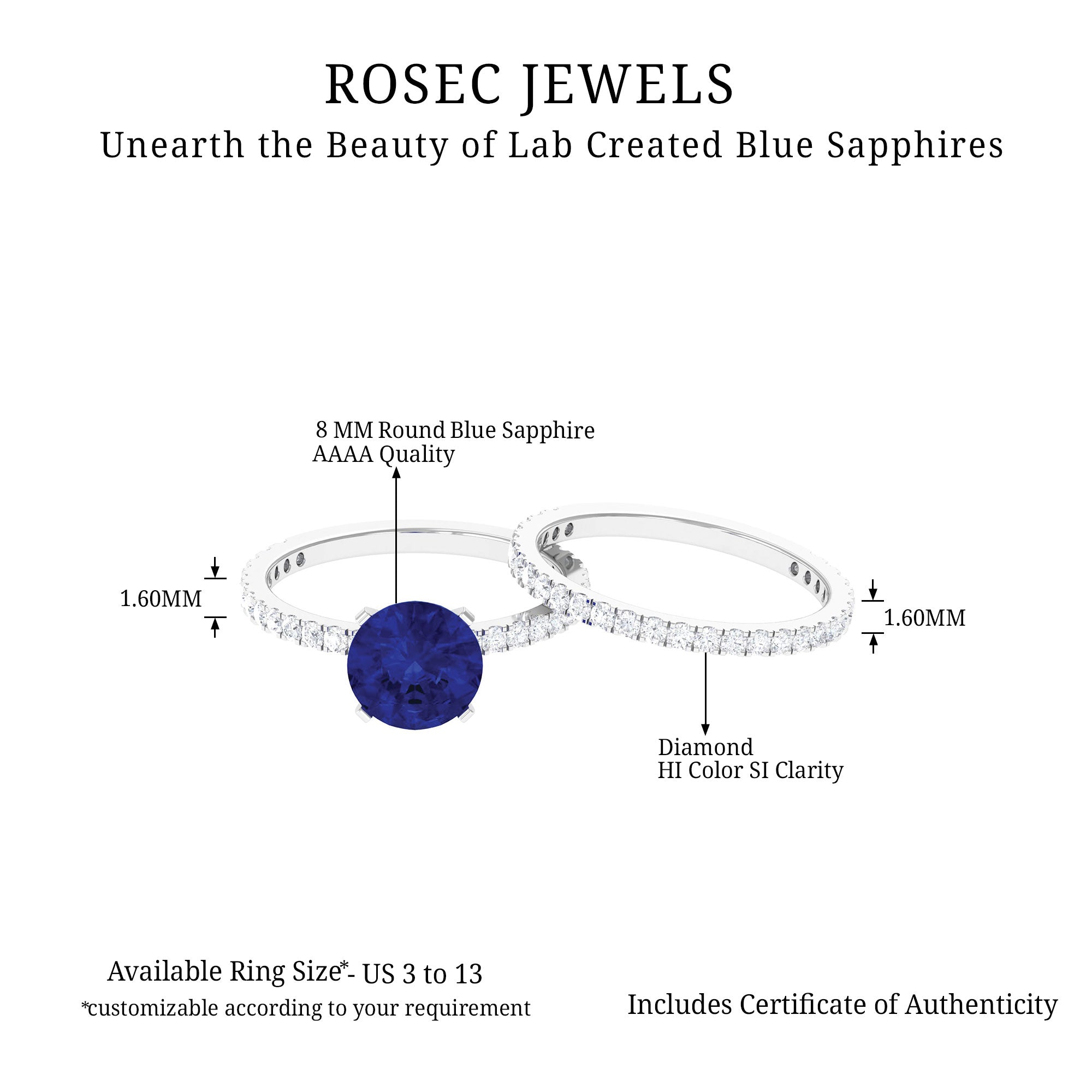 Round Lab Grown Blue Sapphire Solitaire Ring Set with Diamond Lab Created Blue Sapphire - ( AAAA ) - Quality - Rosec Jewels