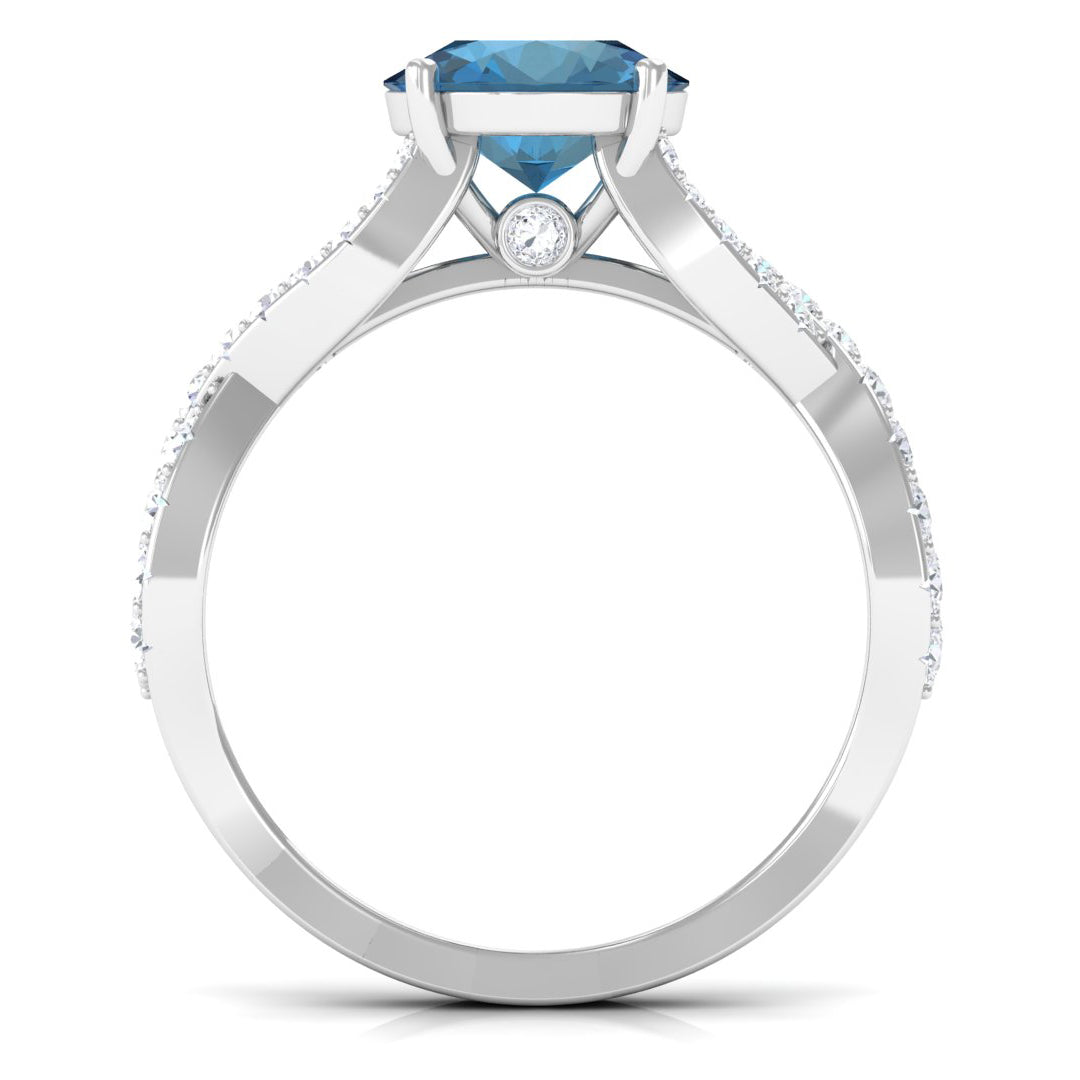 4 Prong Set Solitaire London Blue Topaz Crossover Ring with Diamond Accent London Blue Topaz - ( AAA ) - Quality - Rosec Jewels
