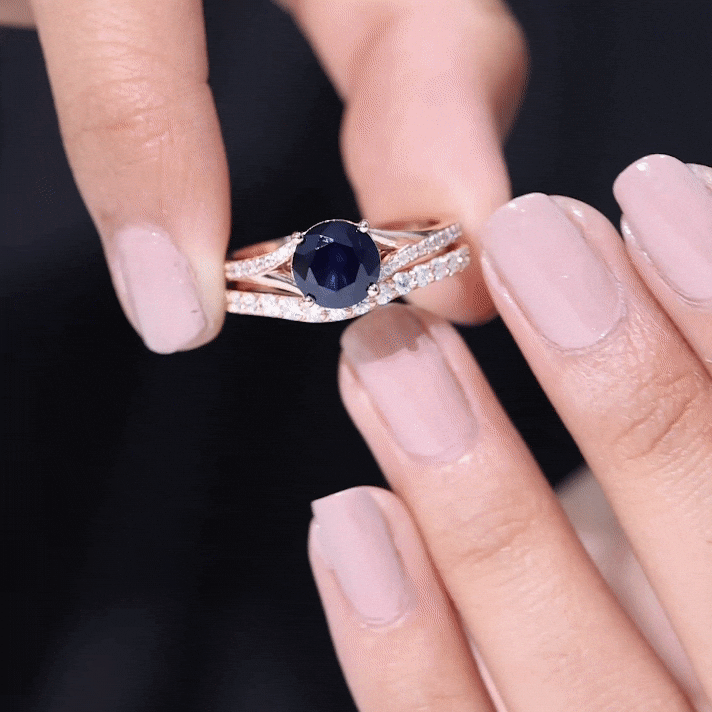 Lab Grown Blue Sapphire and Moissanite Solitaire Ring Set Lab Created Blue Sapphire - ( AAAA ) - Quality - Rosec Jewels