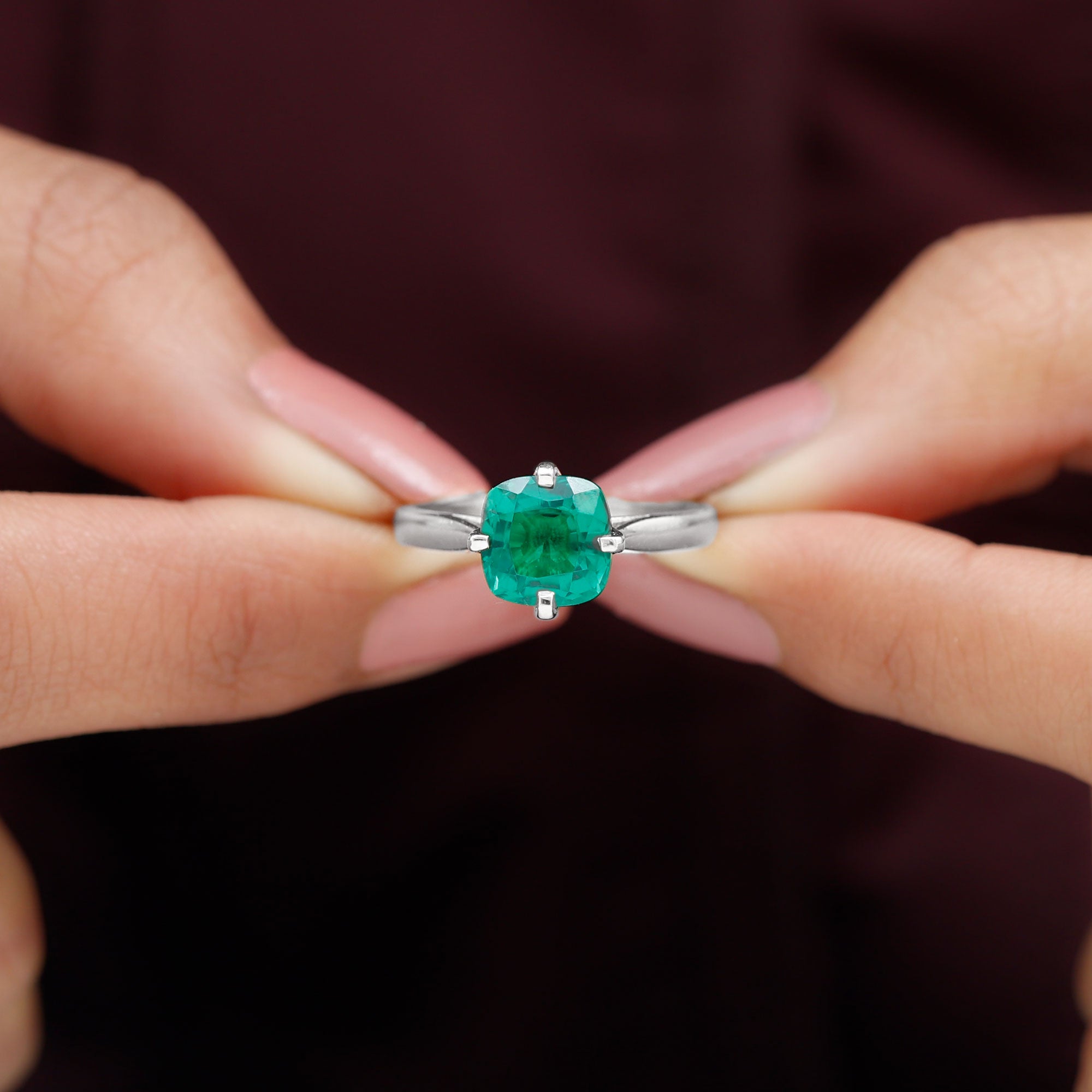 Cushion Cut Lab Grown Emerald Solitaire Engagement Ring Lab Created Emerald - ( AAAA ) - Quality - Rosec Jewels