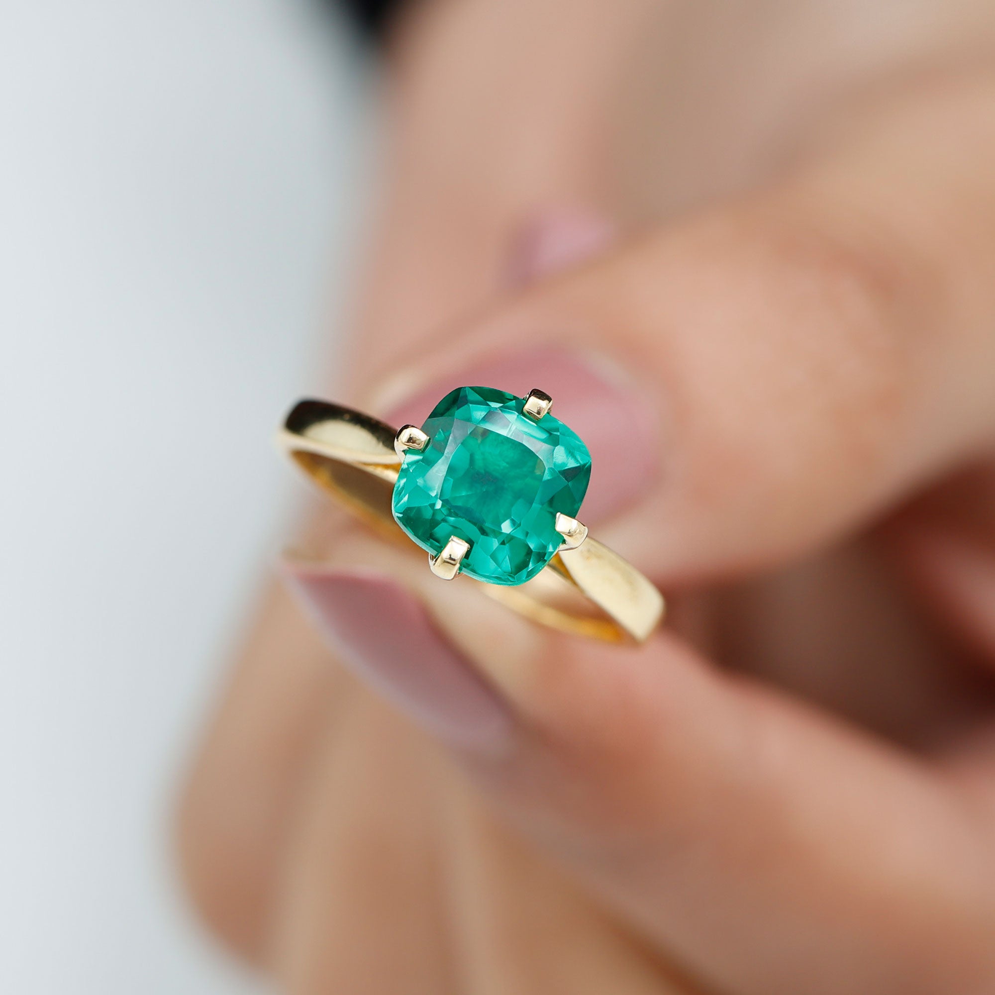 Cushion Cut Lab Grown Emerald Solitaire Engagement Ring Lab Created Emerald - ( AAAA ) - Quality - Rosec Jewels