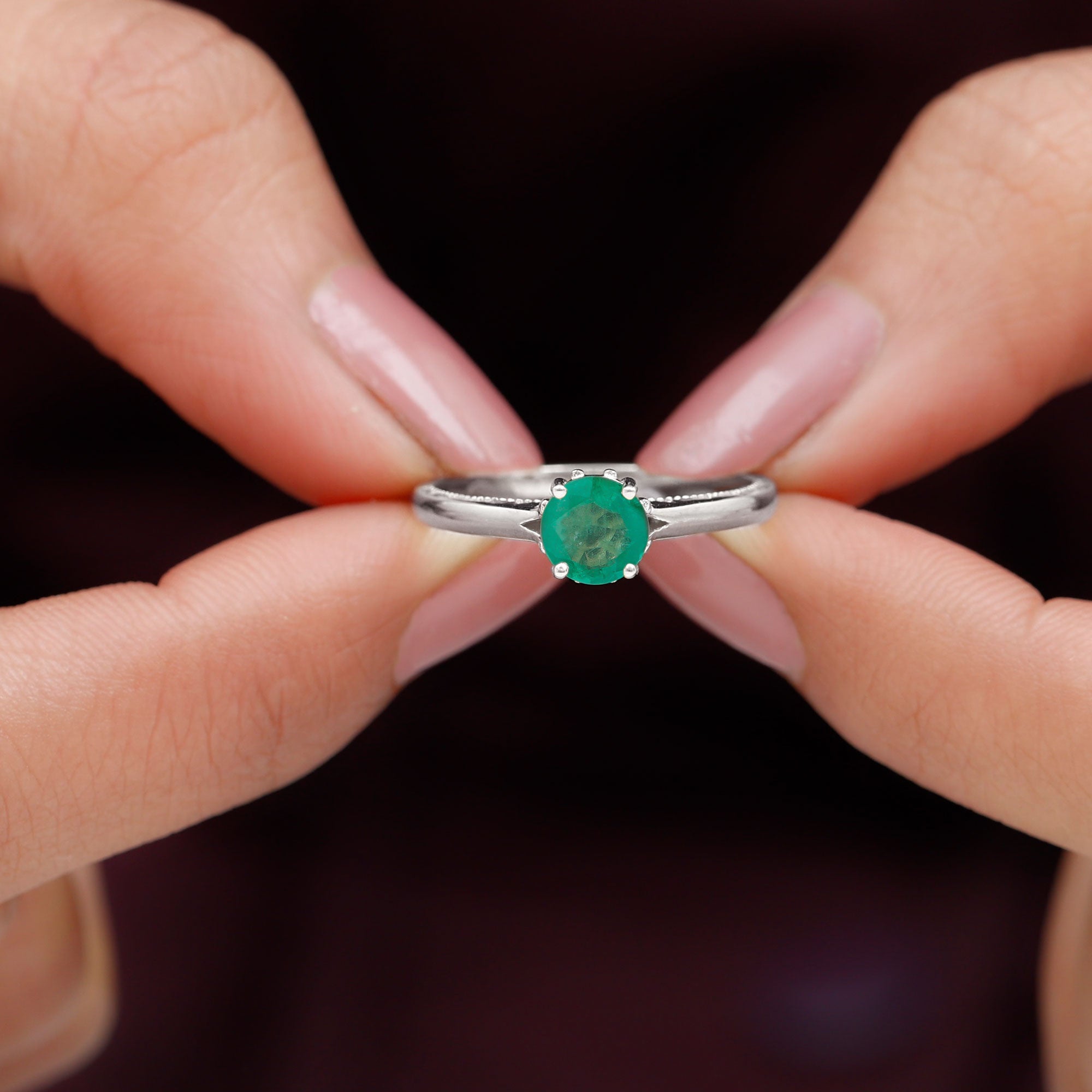 May Birthstone 5 MM Emerald Solitaire Ring with Milgrain Detailing Emerald - ( AAA ) - Quality - Rosec Jewels