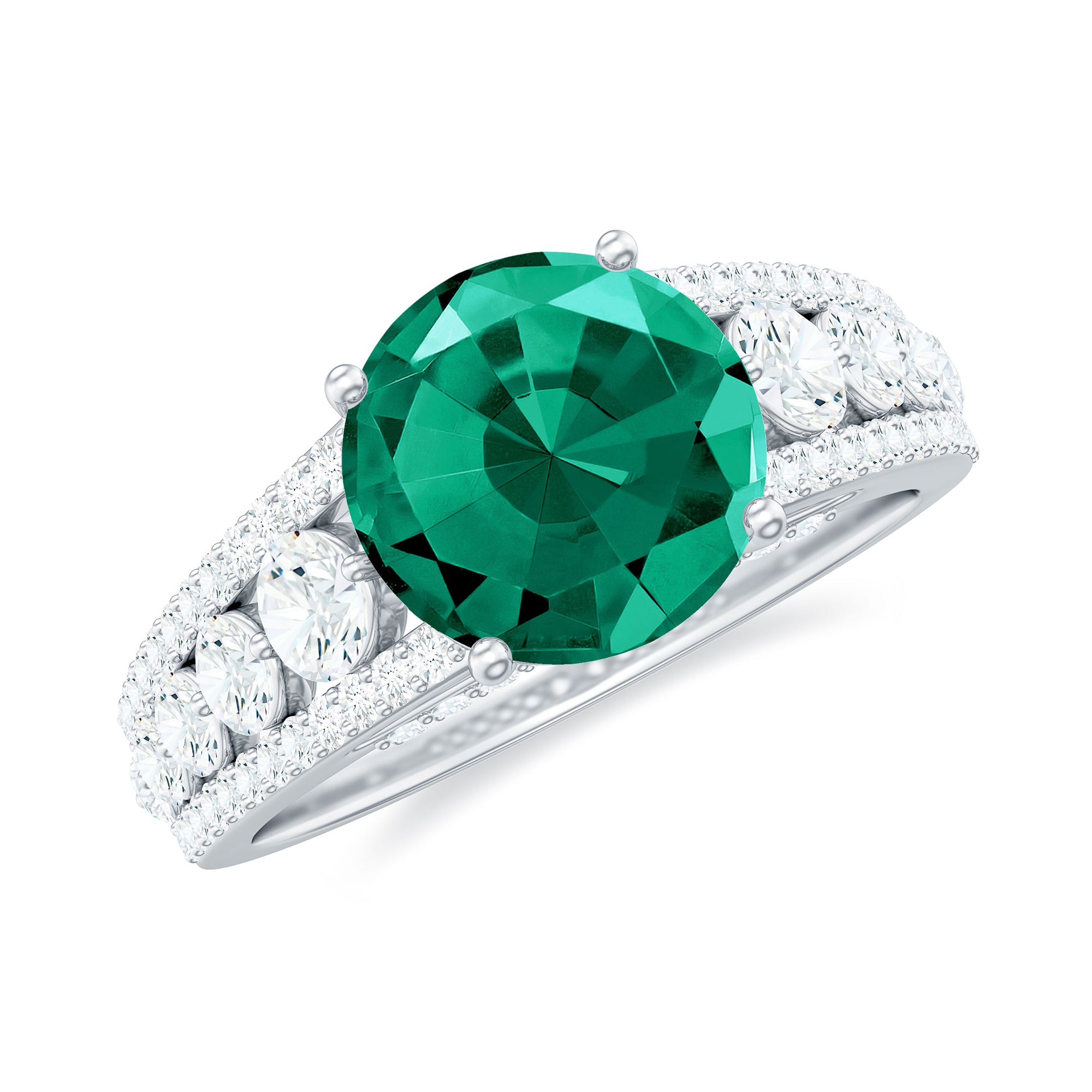 Created Emerald Engagement Ring with Moissanite Side Stones Lab Created Emerald - ( AAAA ) - Quality - Rosec Jewels