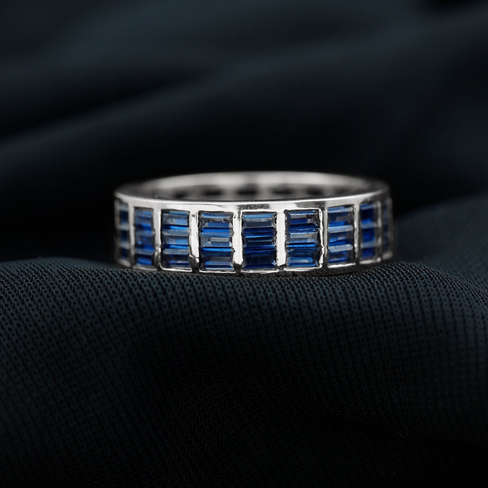 Channel Set Lab Grown Blue Sapphire Wide Eternity Band Ring Lab Created Blue Sapphire - ( AAAA ) - Quality - Rosec Jewels