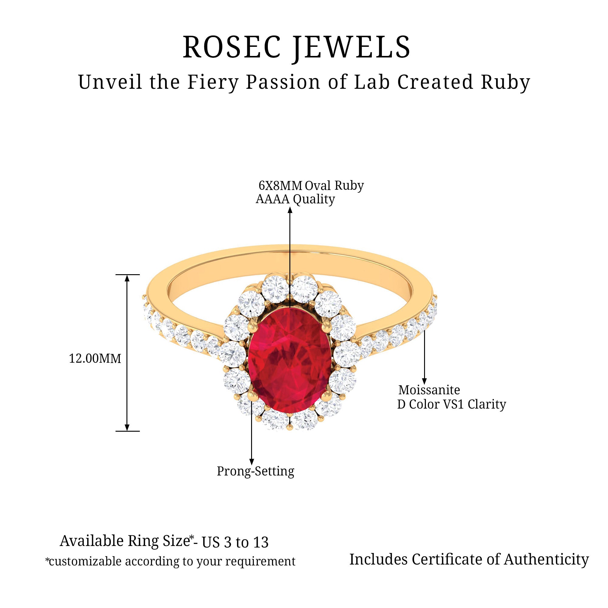 2.75 CT Oval Cut Created Ruby Ring with Moissanite Halo Lab Created Ruby - ( AAAA ) - Quality - Rosec Jewels