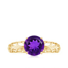 7 MM Round Amethyst Solitaire Engagement Ring with Gold Filigree Details Amethyst - ( AAA ) - Quality - Rosec Jewels