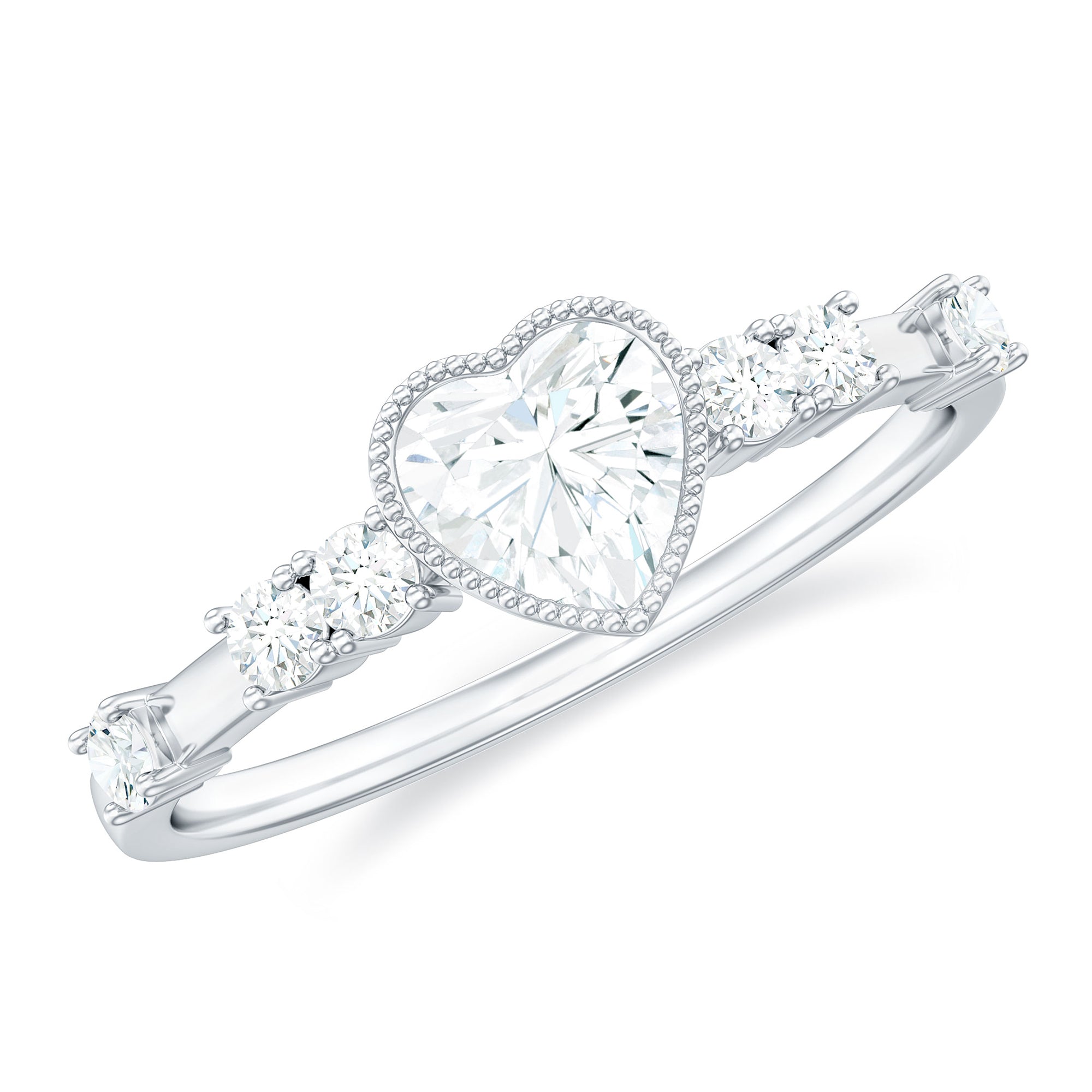 Heart Shape Moissanite Solitaire Engagement Ring in Beaded Bezel Setting Moissanite - ( D-VS1 ) - Color and Clarity - Rosec Jewels