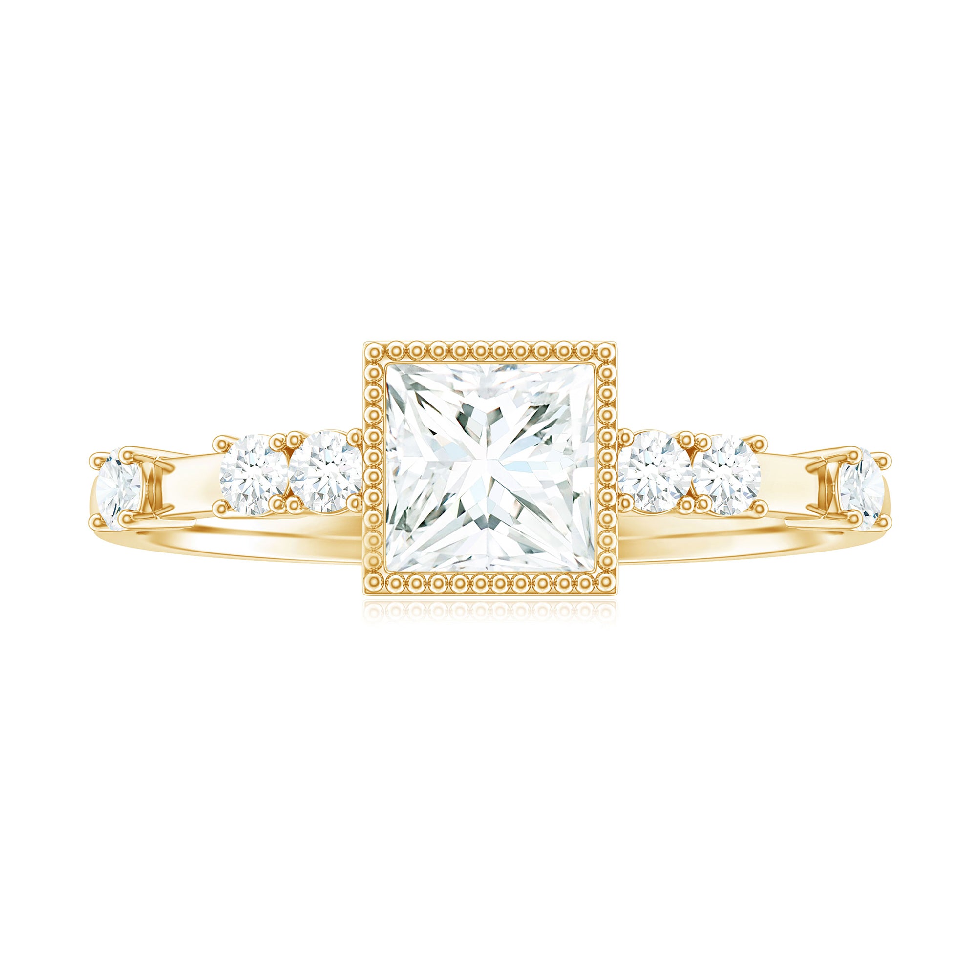 Princess Cut Moissanite Solitaire Engagement Ring in Beaded Bezel Setting Moissanite - ( D-VS1 ) - Color and Clarity - Rosec Jewels