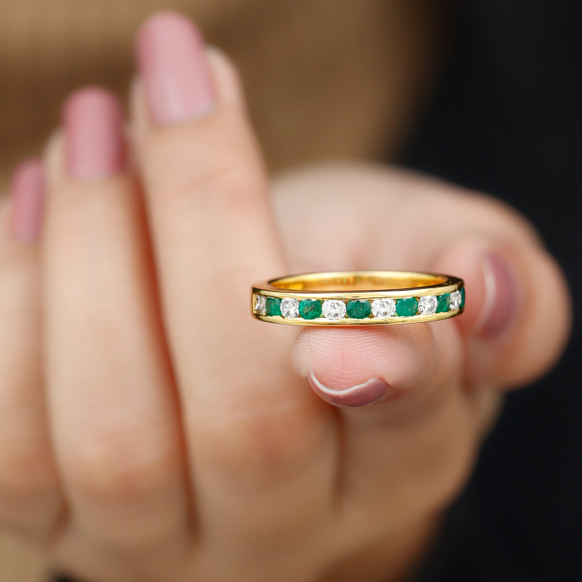 Rosec Jewels-Channel Set Semi Eternity Band with Lab Emerald and Moissanite