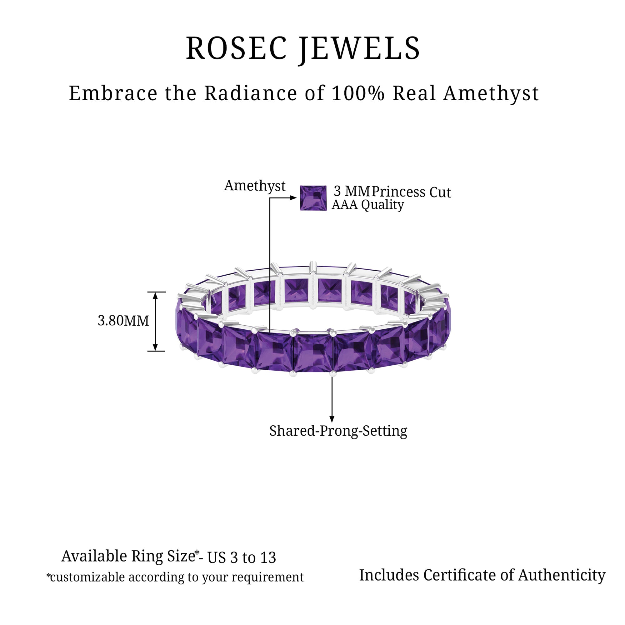 Princess Cut Real Amethyst Full Eternity Band Ring Amethyst - ( AAA ) - Quality - Rosec Jewels