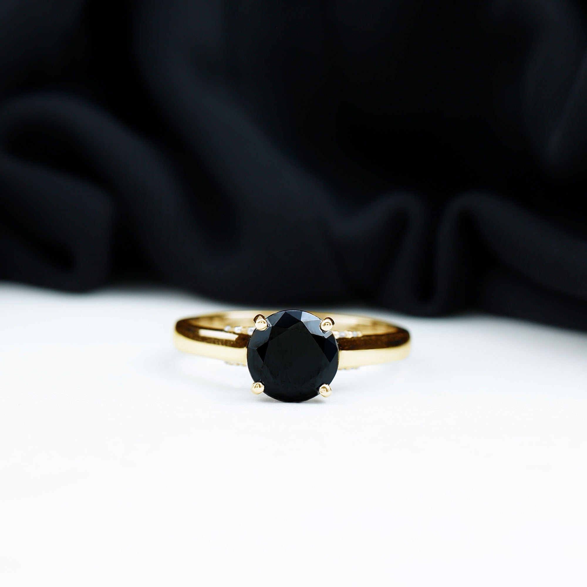 Classic Black Onyx Solitaire Ring with Surprise Diamond Accent Black Onyx - ( AAA ) - Quality - Rosec Jewels