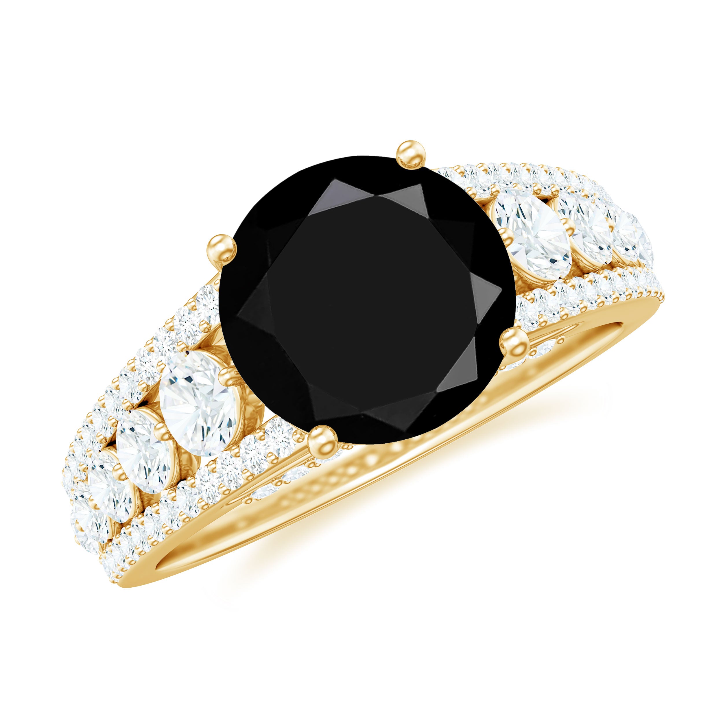 Round Black Onyx and Moissanite Statement Engagement Ring Black Onyx - ( AAA ) - Quality - Rosec Jewels