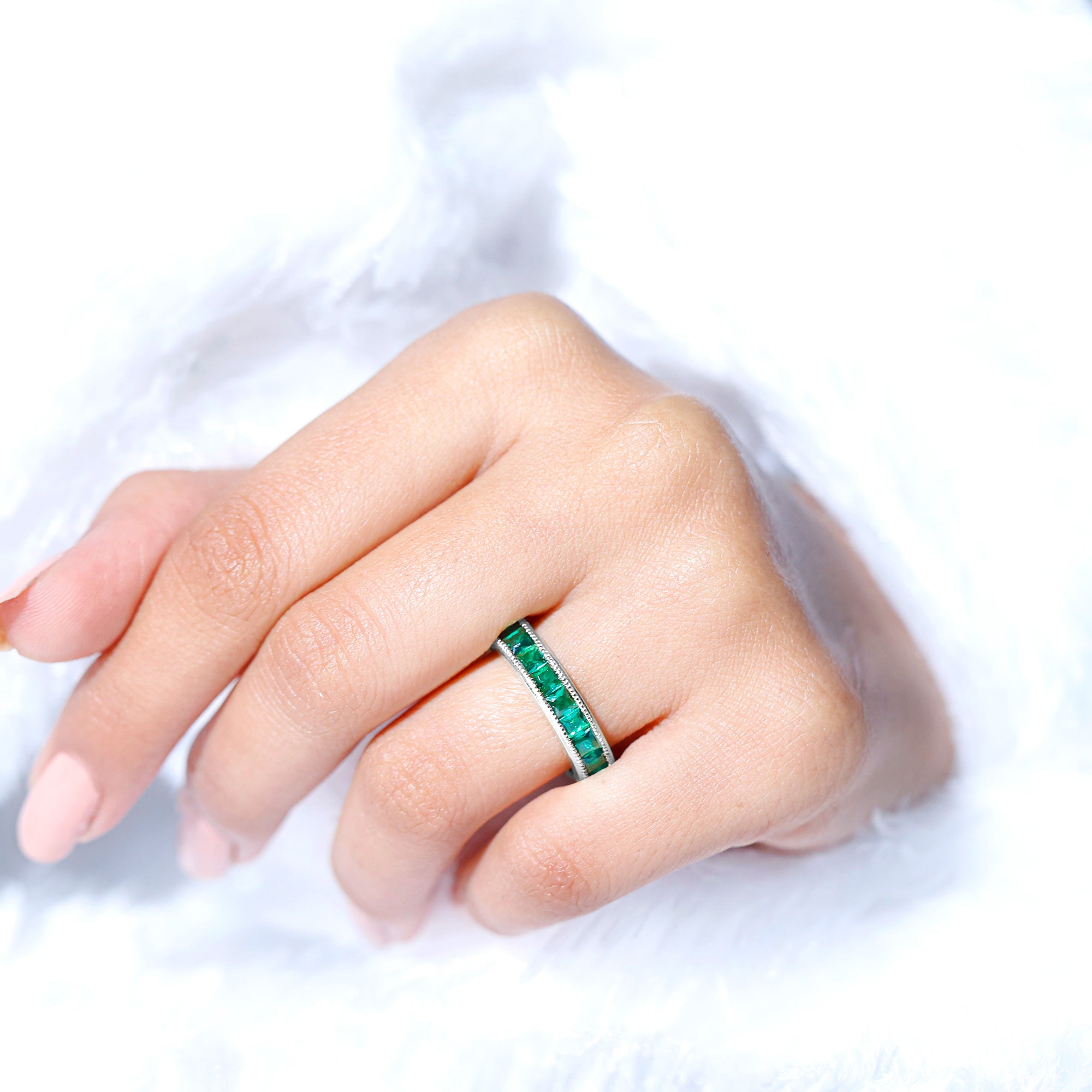 Channel Set Created Emerald Semi Eternity Band Ring with Milgrain Gold Lab Created Emerald - ( AAAA ) - Quality - Rosec Jewels