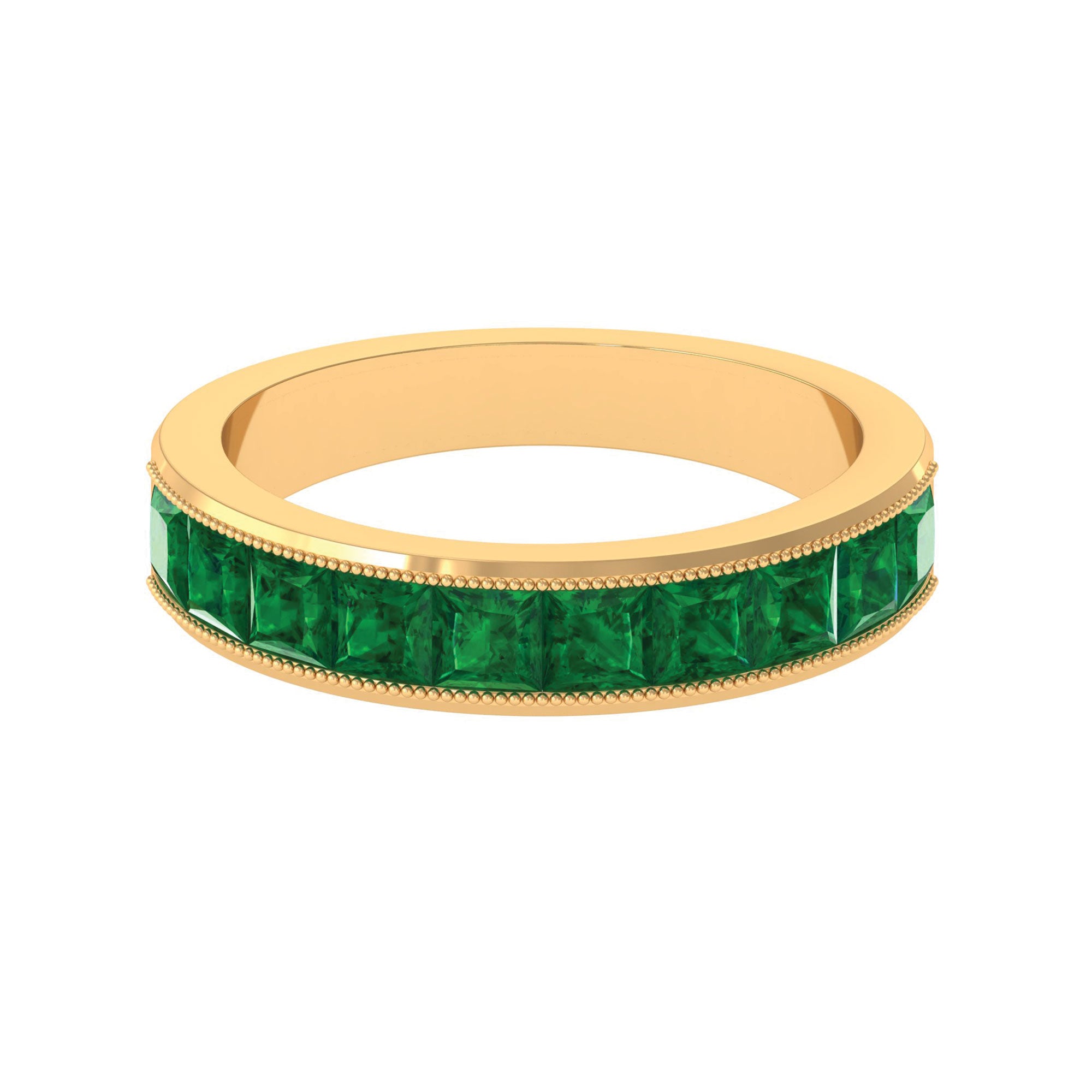 Channel Set Created Emerald Semi Eternity Band Ring with Milgrain Gold Lab Created Emerald - ( AAAA ) - Quality - Rosec Jewels