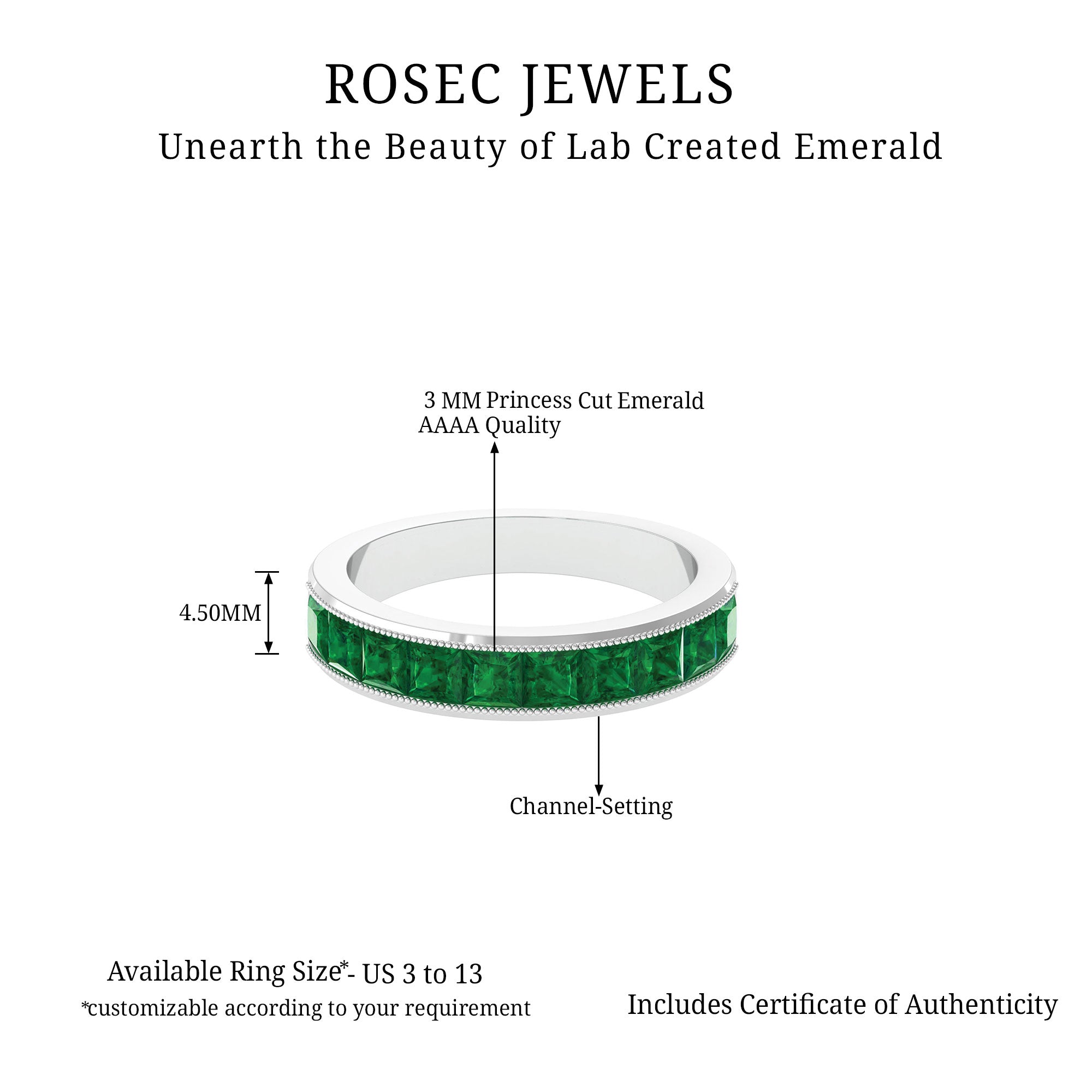 Channel Set Created Emerald Semi Eternity Band Ring with Milgrain Gold Lab Created Emerald - ( AAAA ) - Quality - Rosec Jewels