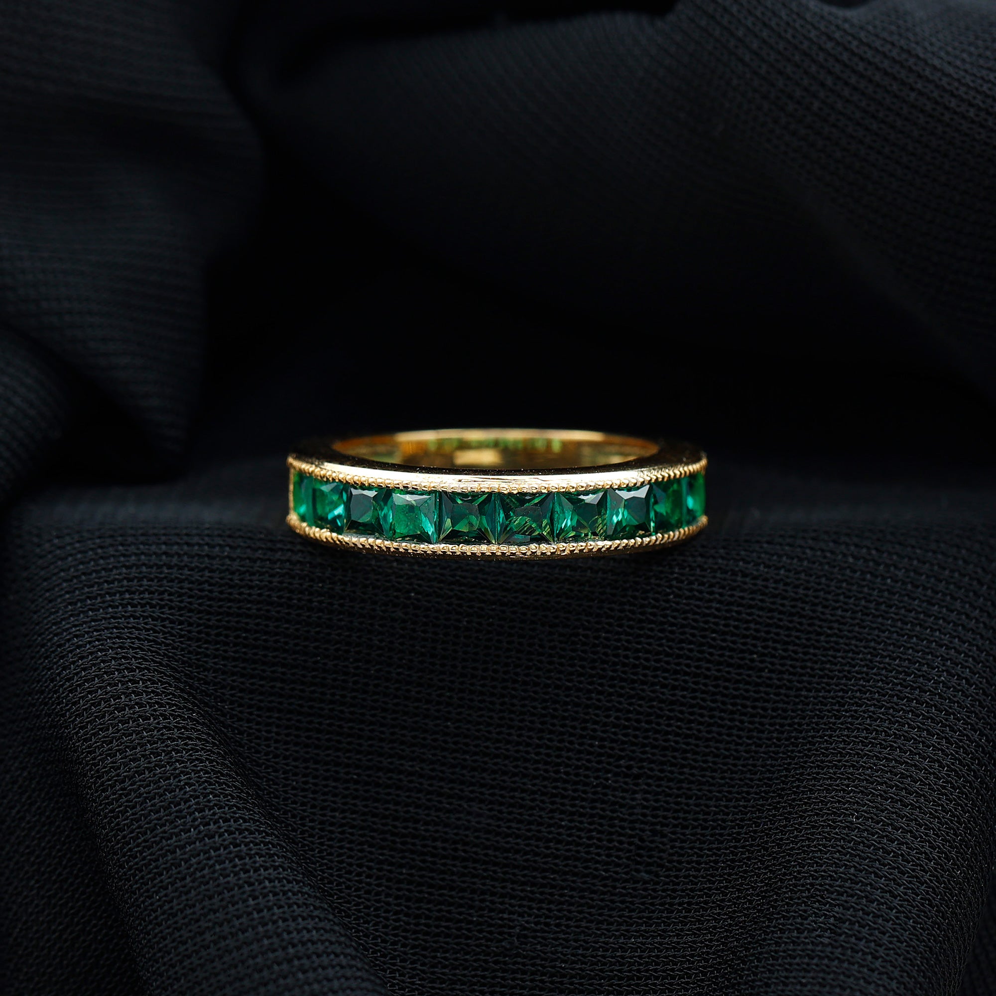 Channel Set Created Emerald Semi Eternity Band Ring with Milgrain Gold Lab Created Emerald - ( AAAA ) - Quality - Rosec Jewels