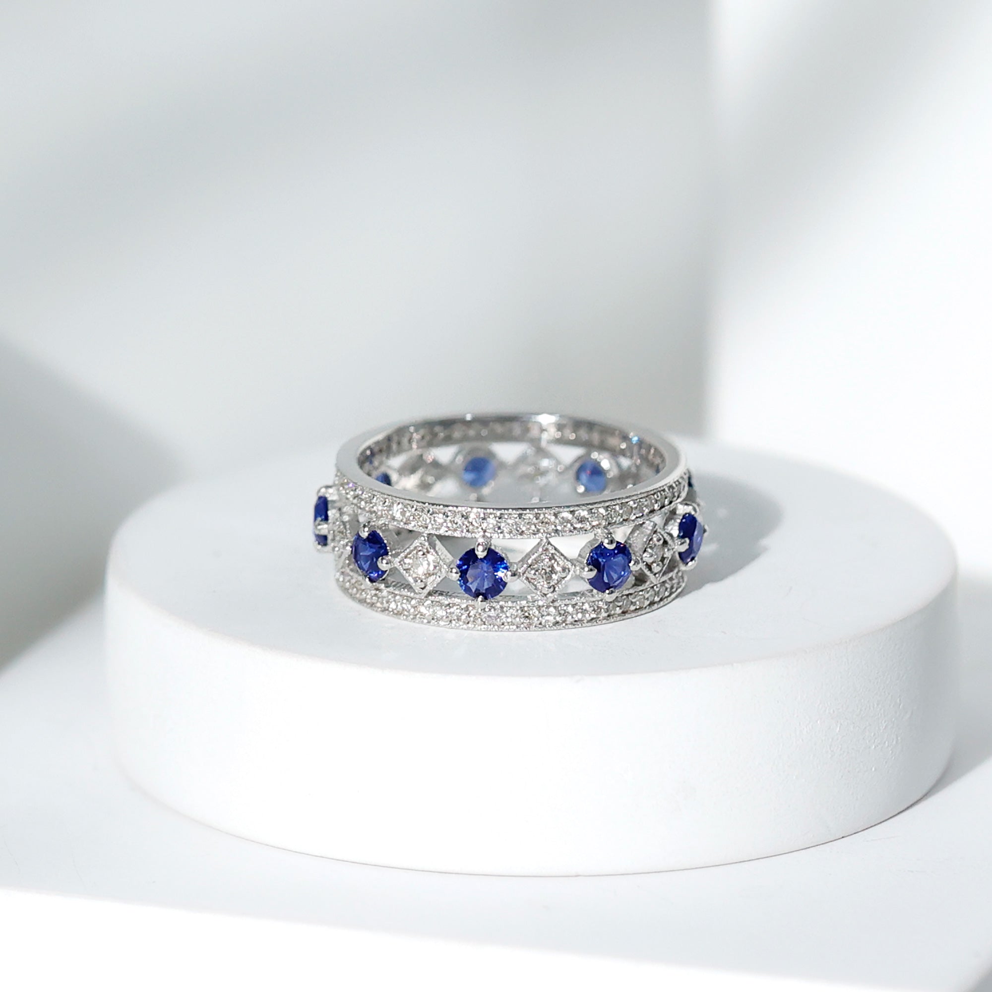 2.25 CT Created Blue Sapphire and Diamond Vintage Wedding Band Ring Lab Created Blue Sapphire - ( AAAA ) - Quality - Rosec Jewels