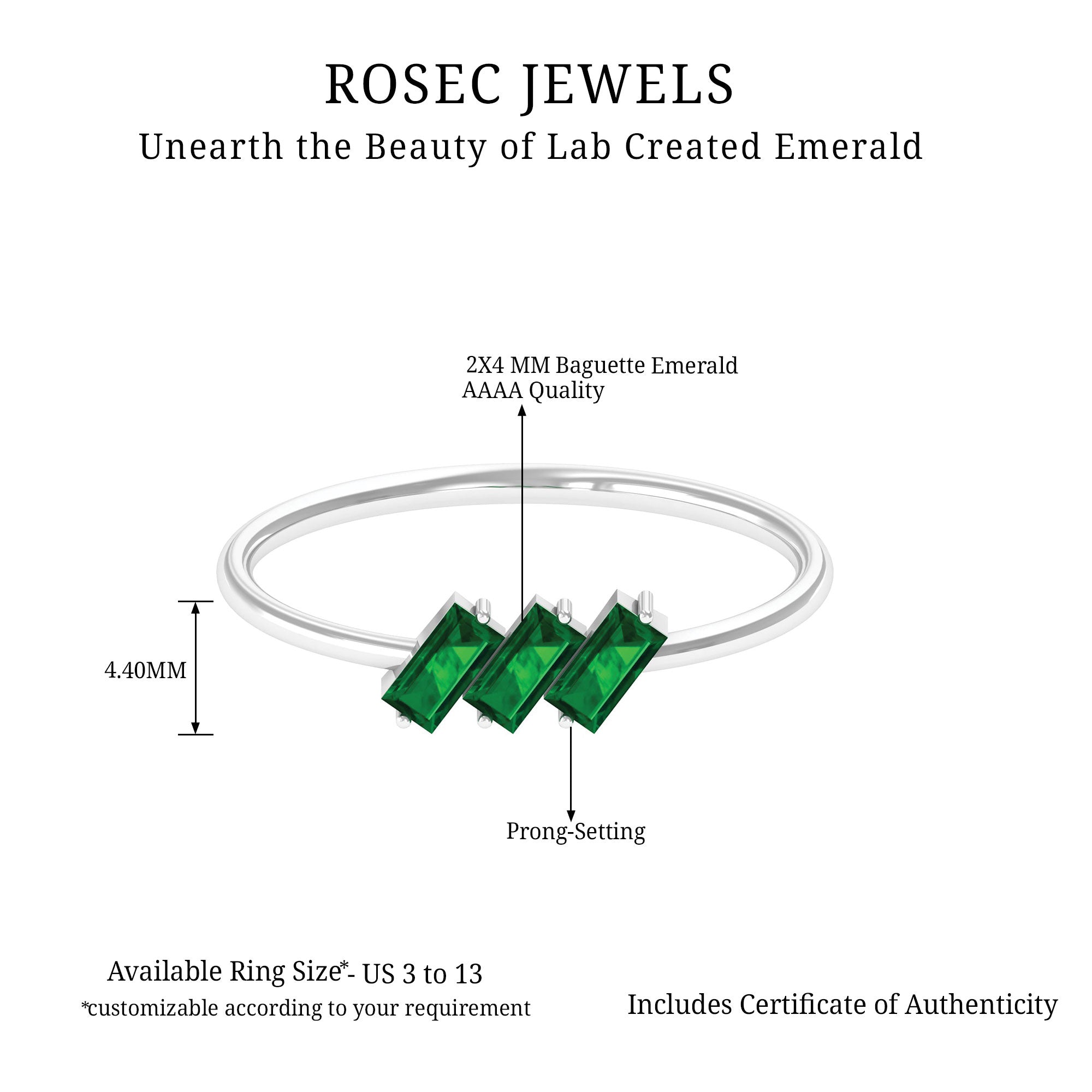 Baguette Cut Lab Grown Emerald Three Stone Promise Ring Lab Created Emerald - ( AAAA ) - Quality - Rosec Jewels