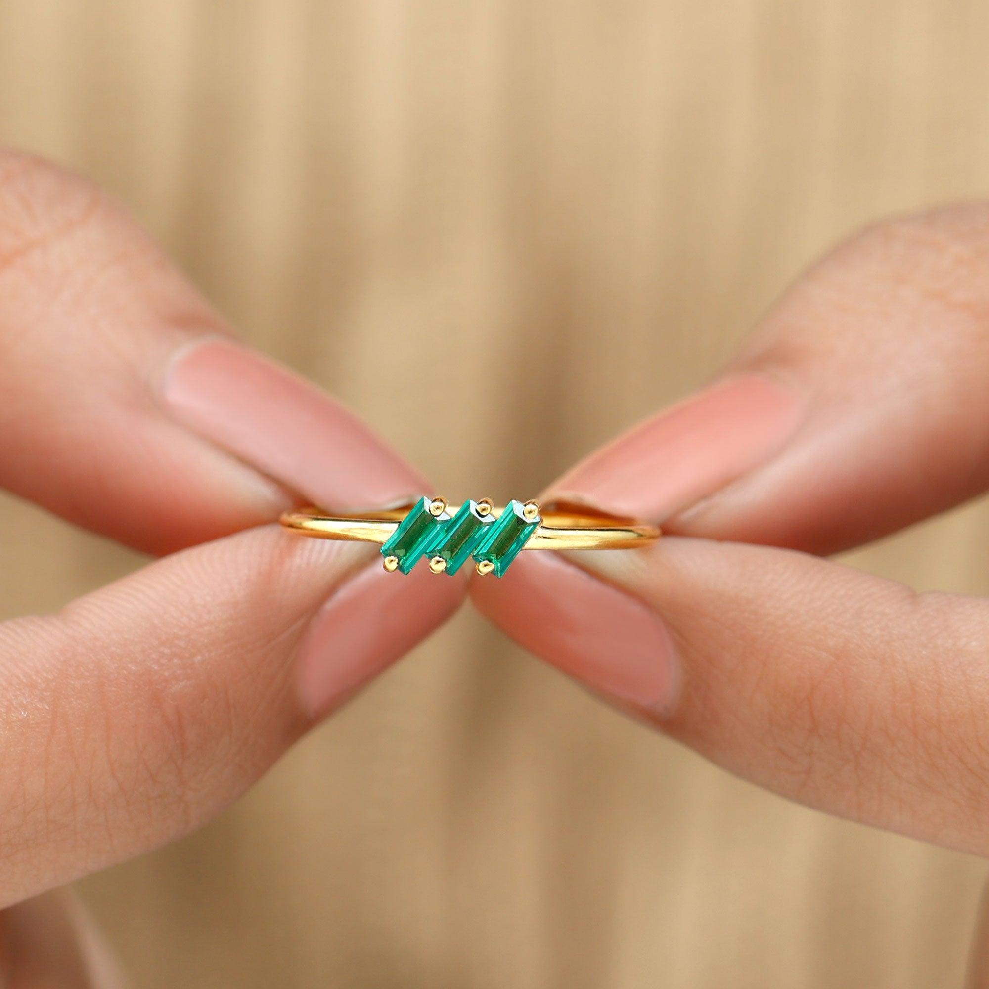 Baguette Cut Lab Grown Emerald Three Stone Promise Ring Lab Created Emerald - ( AAAA ) - Quality - Rosec Jewels