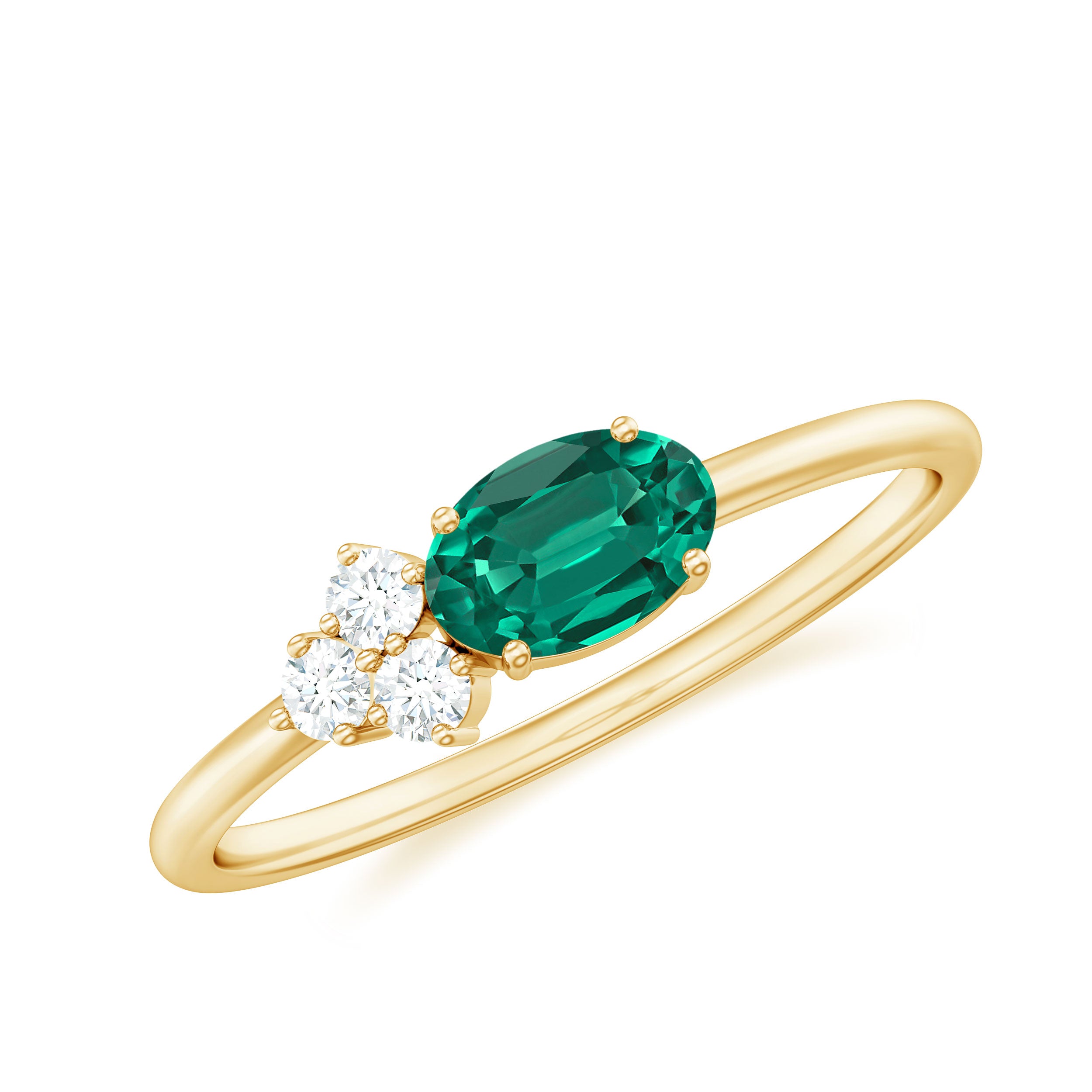 Oval Cut Created Emerald Minimal East West Ring with Diamond Trio Lab Created Emerald - ( AAAA ) - Quality - Rosec Jewels