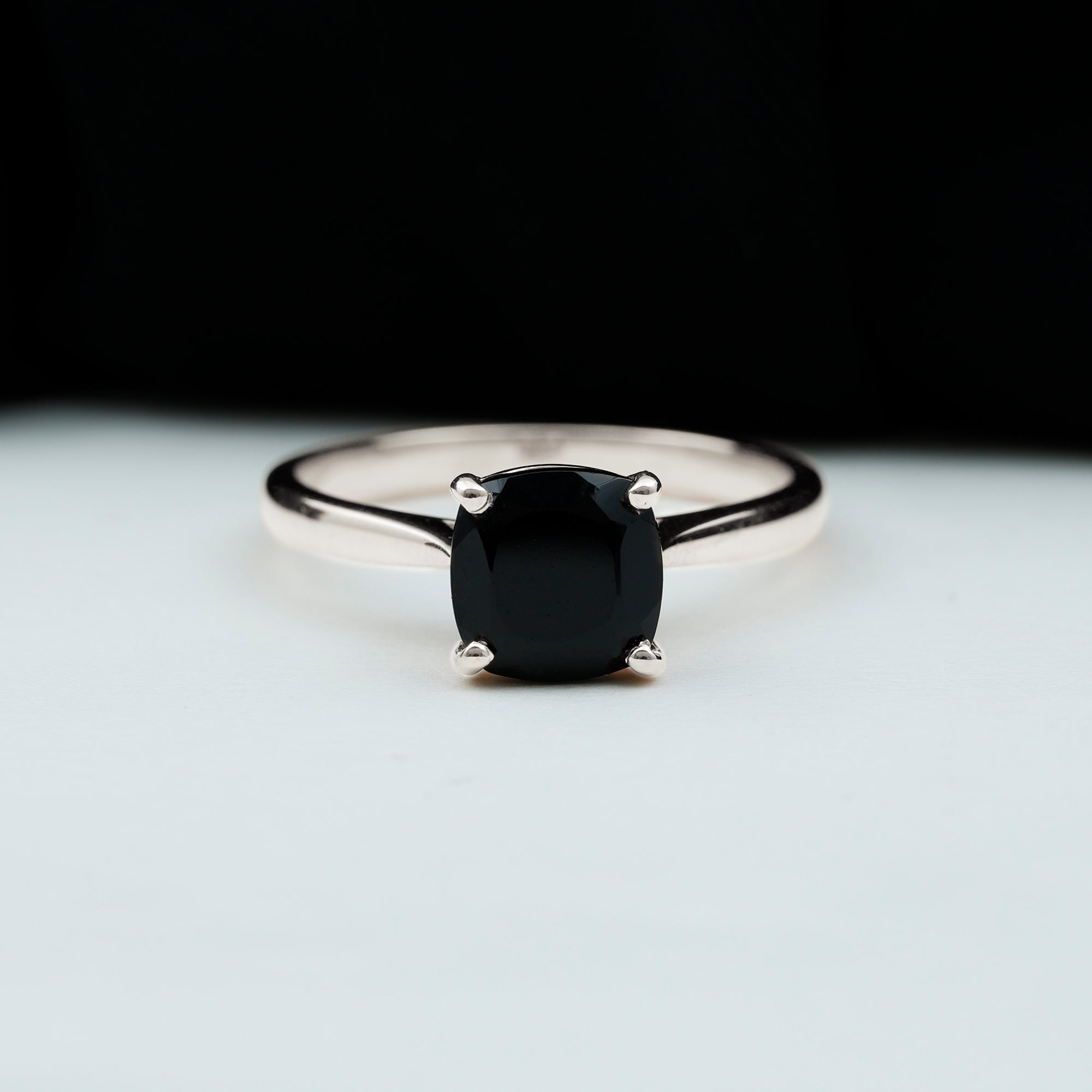 Cushion Cut Black Spinel Solitaire Ring with Surprise Diamond Black Spinel - ( AAA ) - Quality - Rosec Jewels