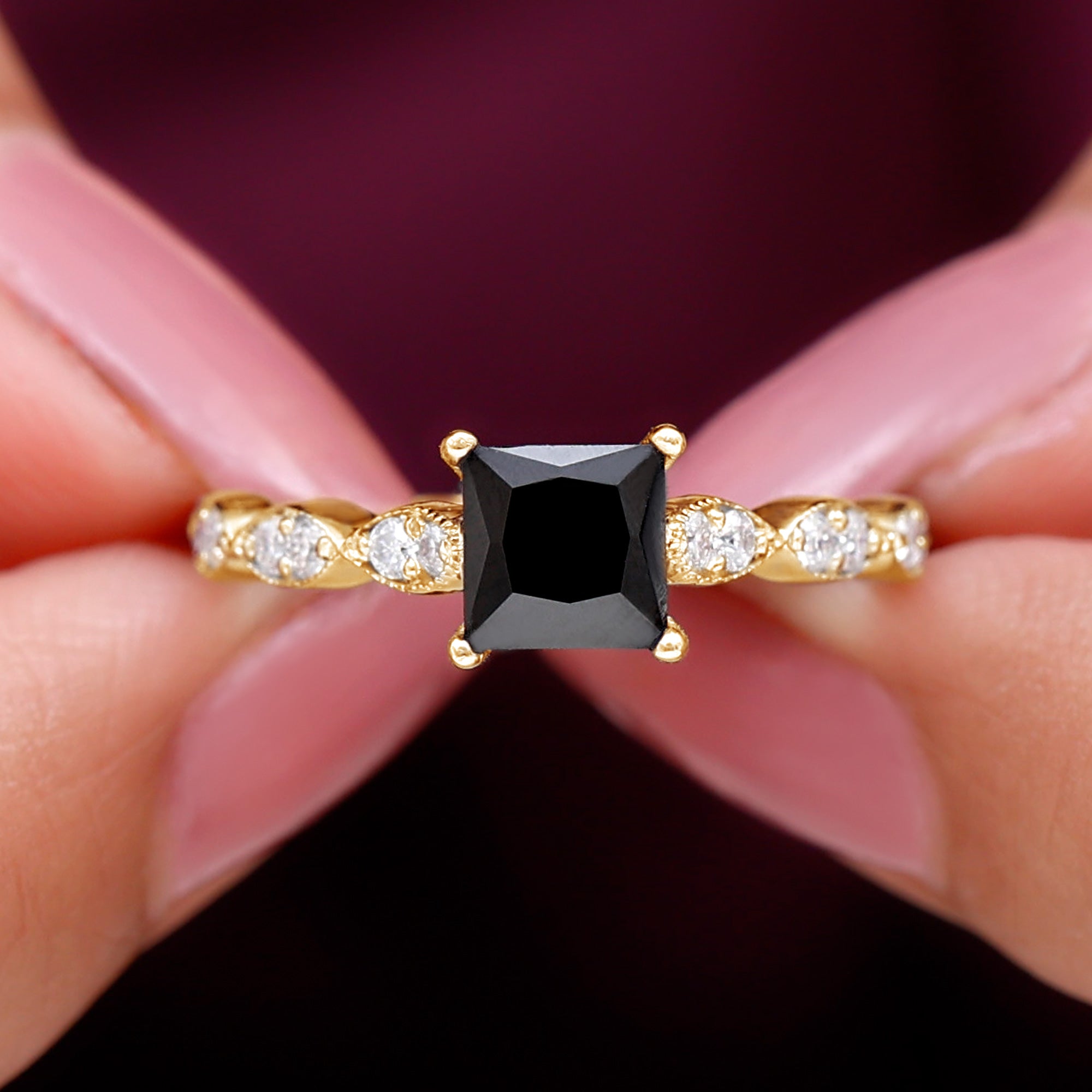 Princess Cut Black Onyx Ring With Diamond Black Onyx - ( AAA ) - Quality - Rosec Jewels