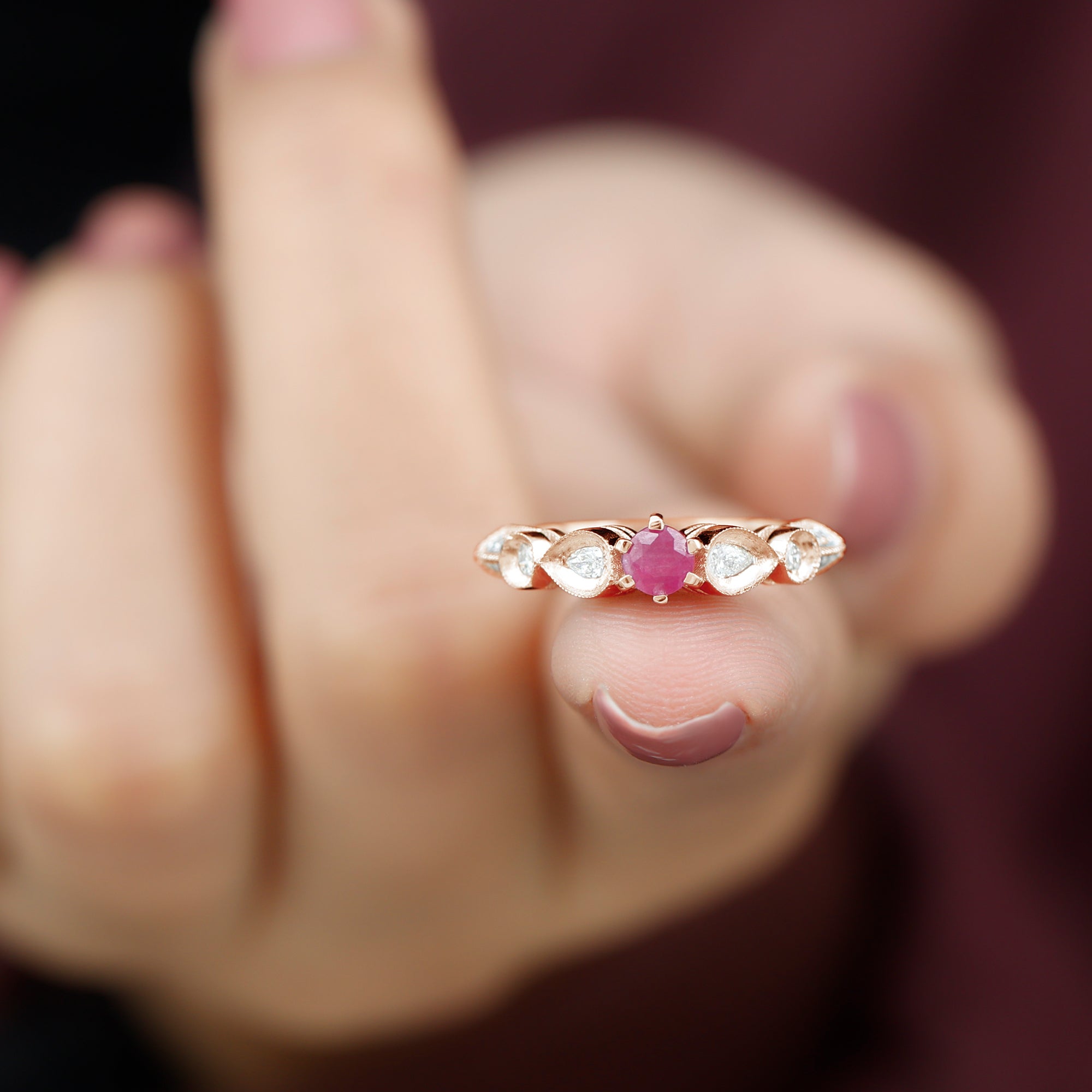 Minimal Ruby Engagement Ring with Diamond Accent Ruby - ( AAA ) - Quality - Rosec Jewels