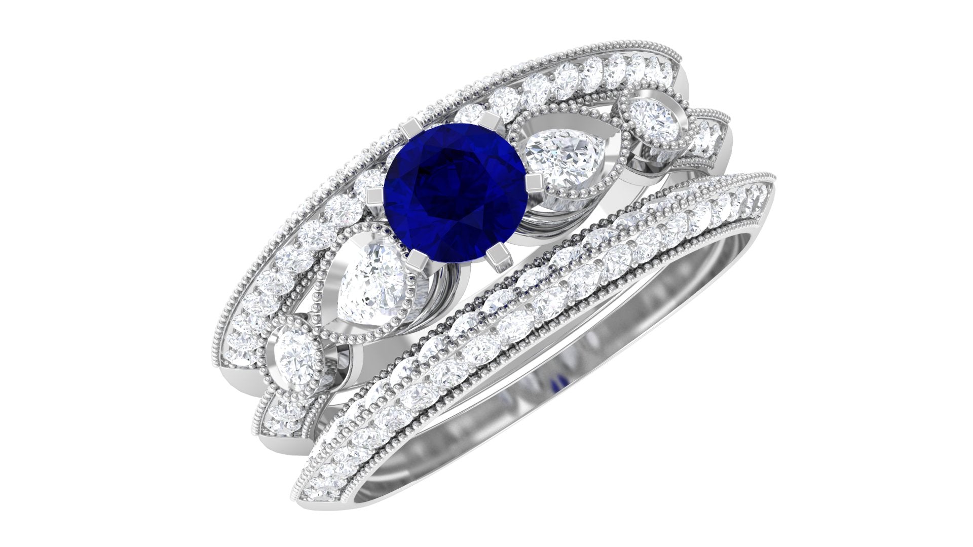 Round deals Blue Sapphire Gemstone Wedding Ring Set, Art deco Bridal Moissanite Ring Set, Unique Ring Set, 925 Sterling Silver Ring Sett For Women