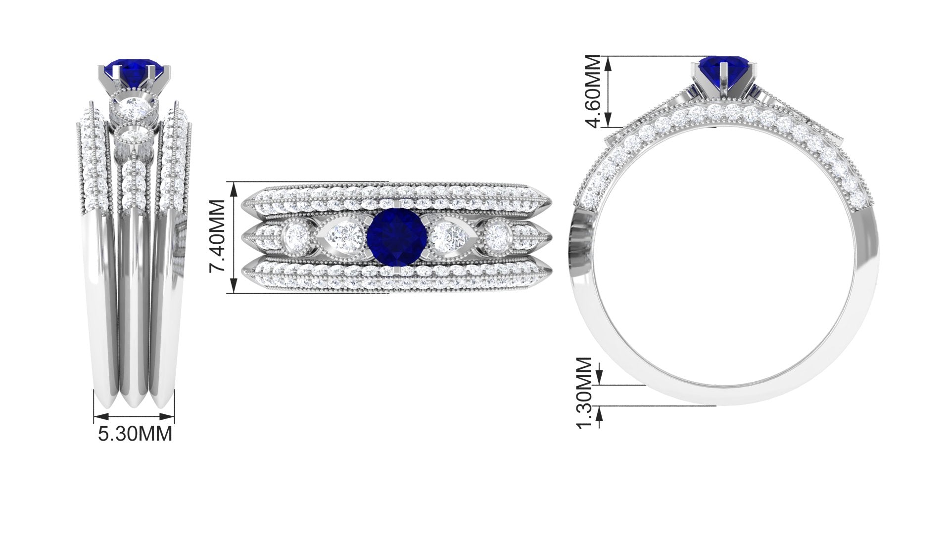 Real Blue Sapphire and Diamond Bridal Ring Set with Beaded Details Blue Sapphire - ( AAA ) - Quality - Rosec Jewels