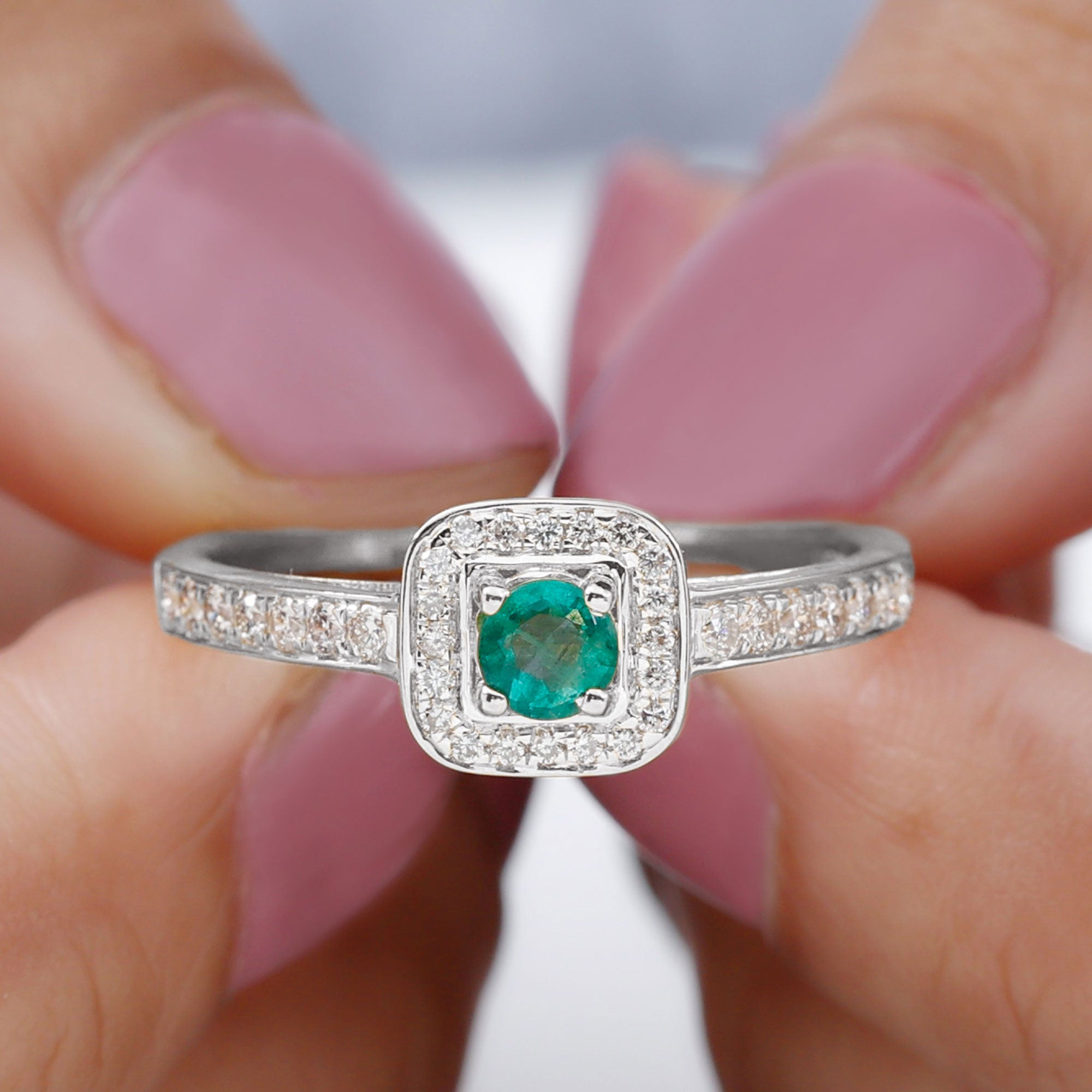 Vintage Inspired Emerald Engagement Ring with Diamond Halo Emerald - ( AAA ) - Quality - Rosec Jewels