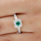 Vintage Inspired Emerald Engagement Ring with Diamond Halo Emerald - ( AAA ) - Quality - Rosec Jewels