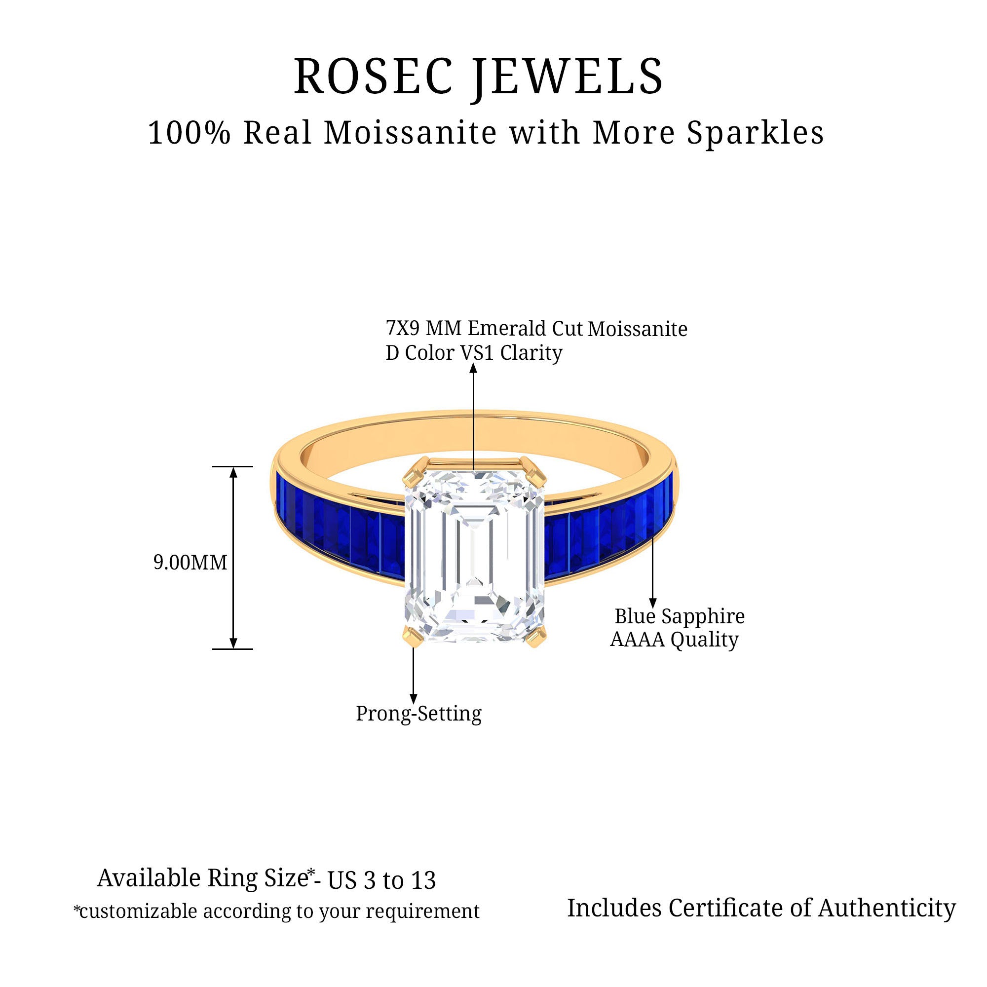 Octagon Cut Moissanite Solitaire Ring with Lab Grown Blue Sapphire Side Stones Lab Created Blue Sapphire - ( AAAA ) - Quality - Rosec Jewels