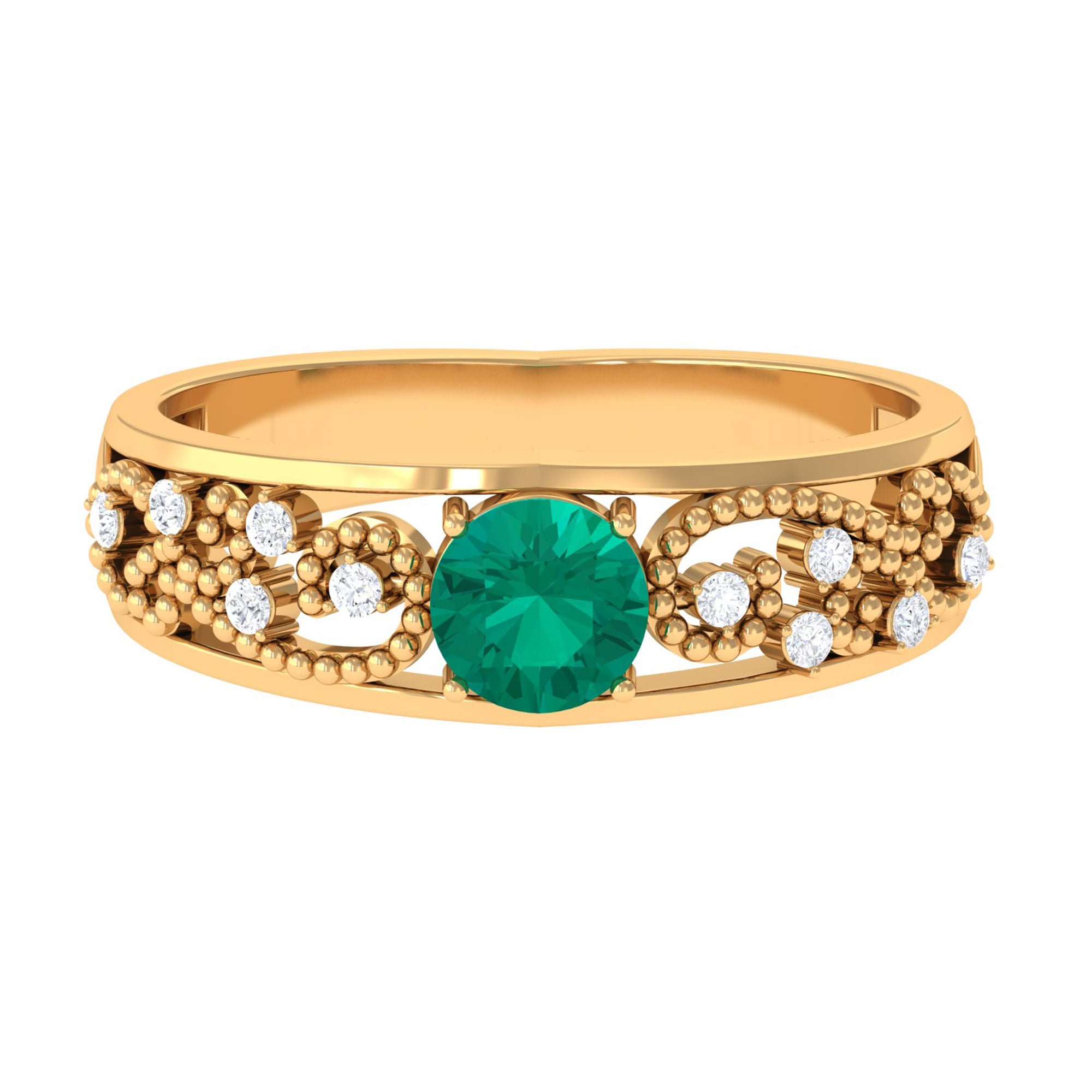 Solitaire Emerald and Diamond Vintage Band Ring Emerald - ( AAA ) - Quality - Rosec Jewels