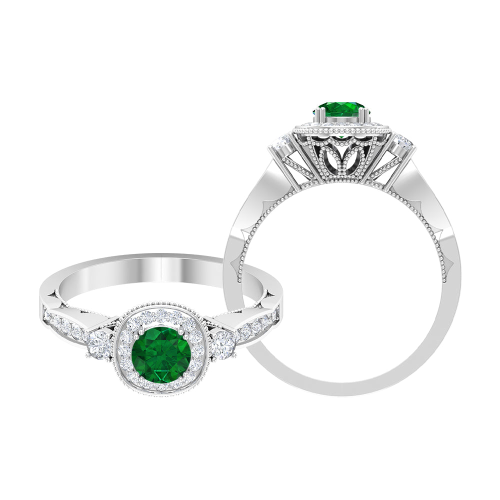 Emerald and Diamond Vintage Engagement Ring Emerald - ( AAA ) - Quality - Rosec Jewels