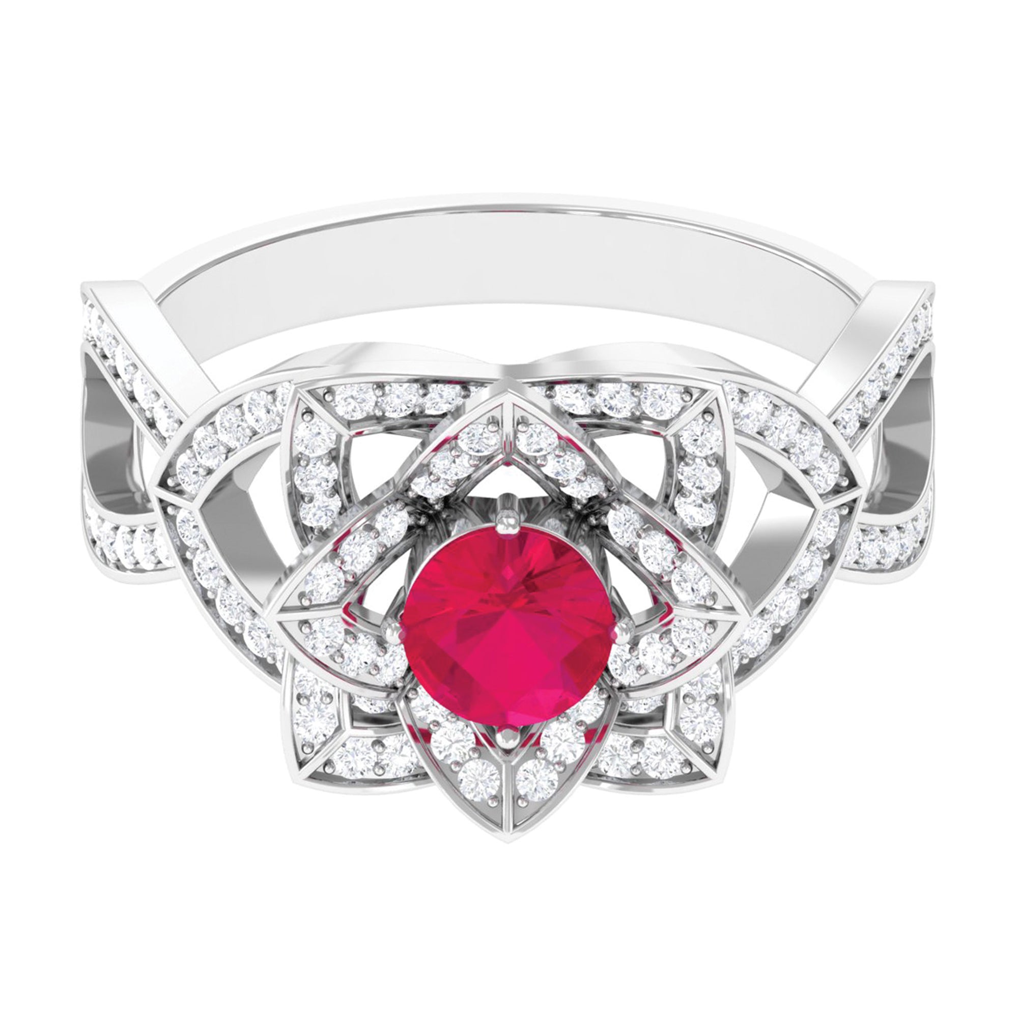 1.25 CT Created Ruby and Moissanite Flower Engagement Ring Lab Created Ruby - ( AAAA ) - Quality - Rosec Jewels