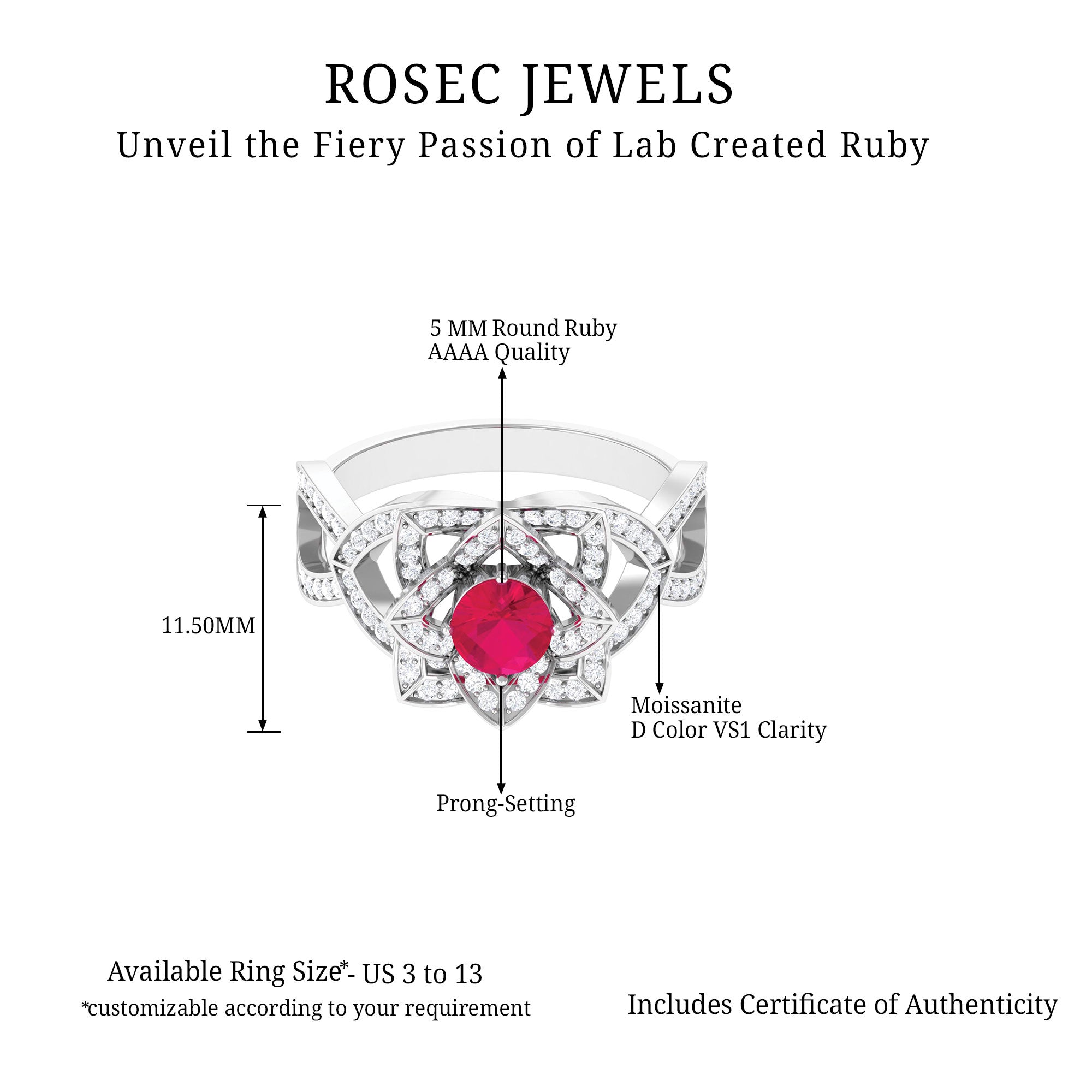 1.25 CT Created Ruby and Moissanite Flower Engagement Ring Lab Created Ruby - ( AAAA ) - Quality - Rosec Jewels