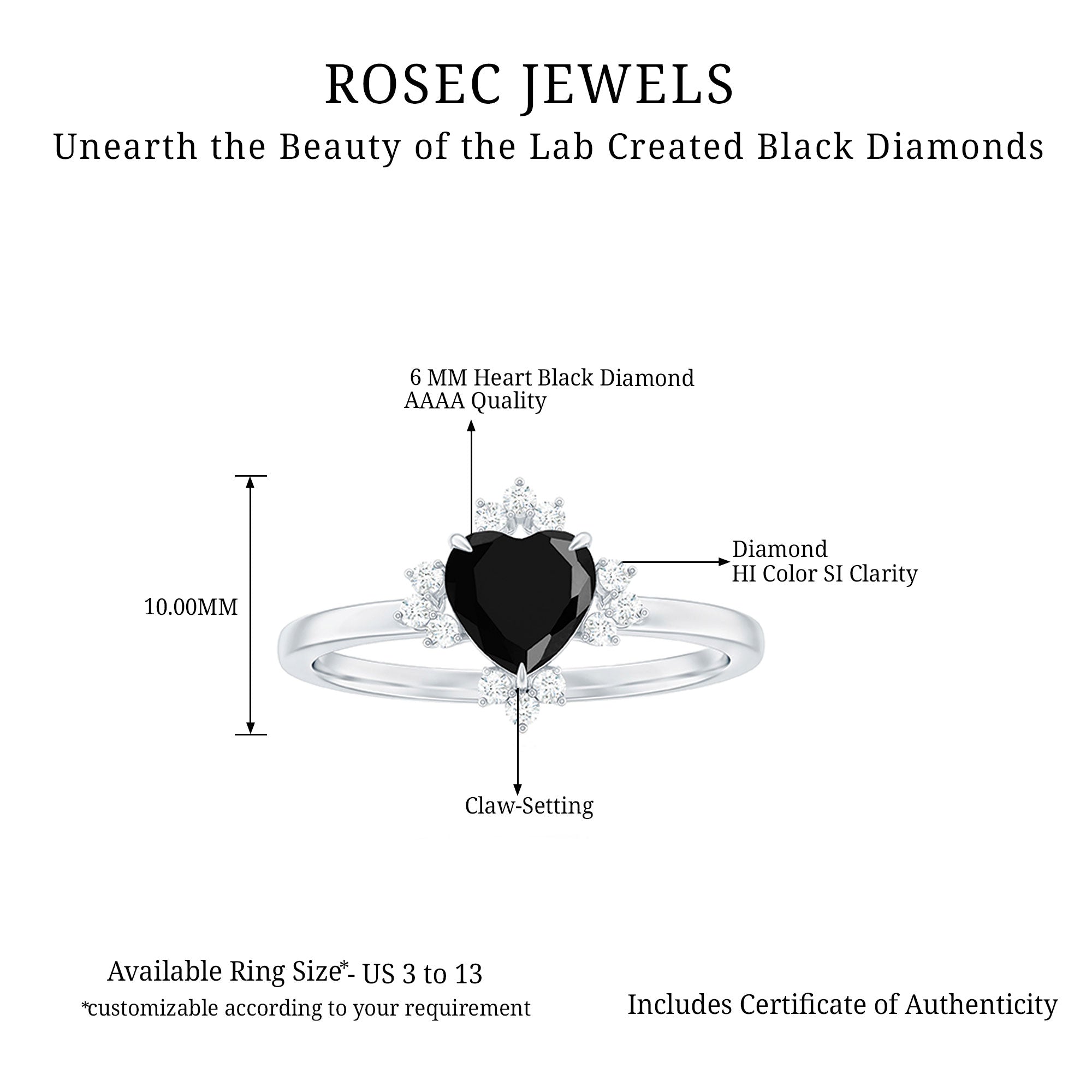 1 CT Heart Shaped Lab Created Black Diamond Promise Ring with Diamond Accent Lab Created Black Diamond - ( AAAA ) - Quality - Rosec Jewels