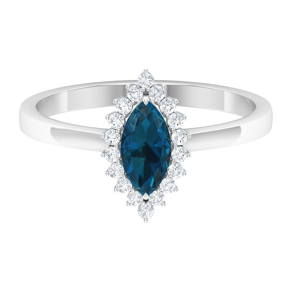 1 CT Marquise Cut London Blue Topaz Ring with Diamond Halo London Blue Topaz - ( AAA ) - Quality - Rosec Jewels