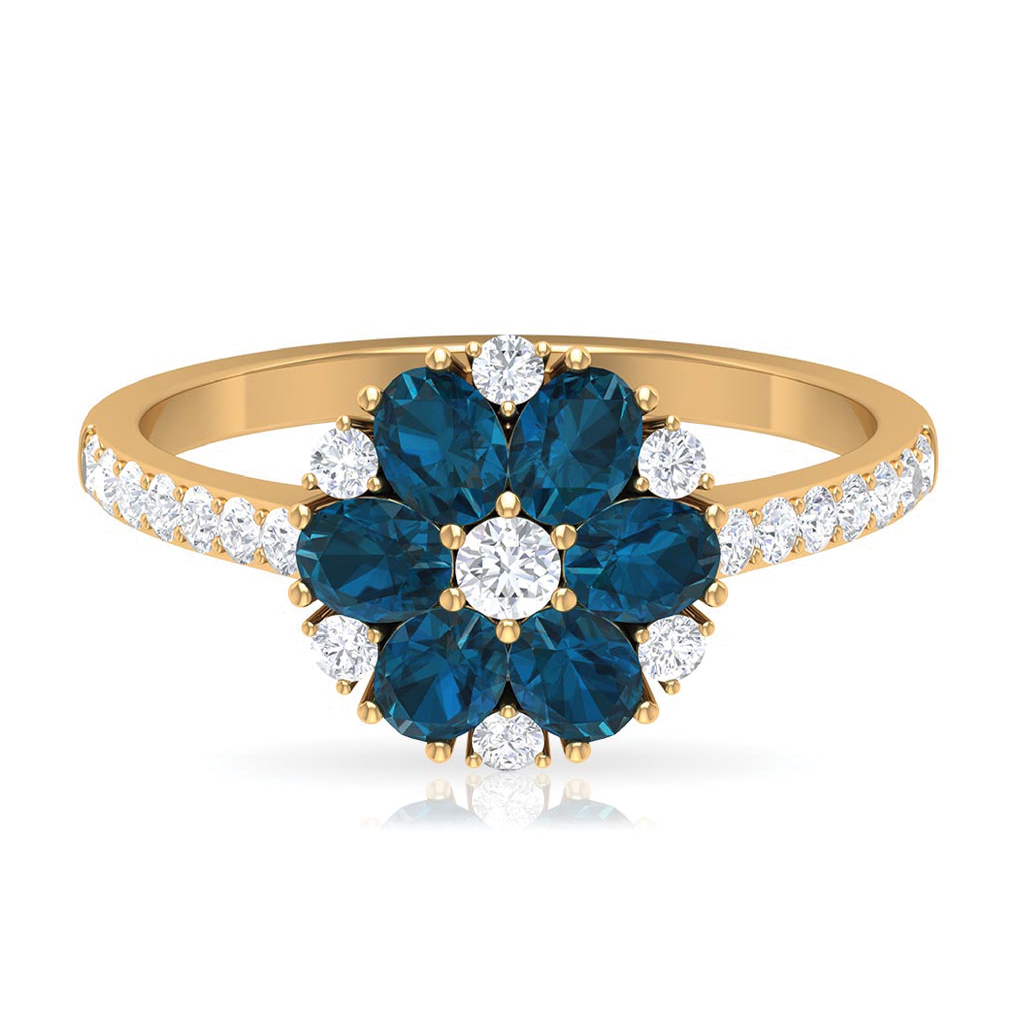 Natural London Blue Topaz and Diamond Flower Engagement Ring London Blue Topaz - ( AAA ) - Quality - Rosec Jewels