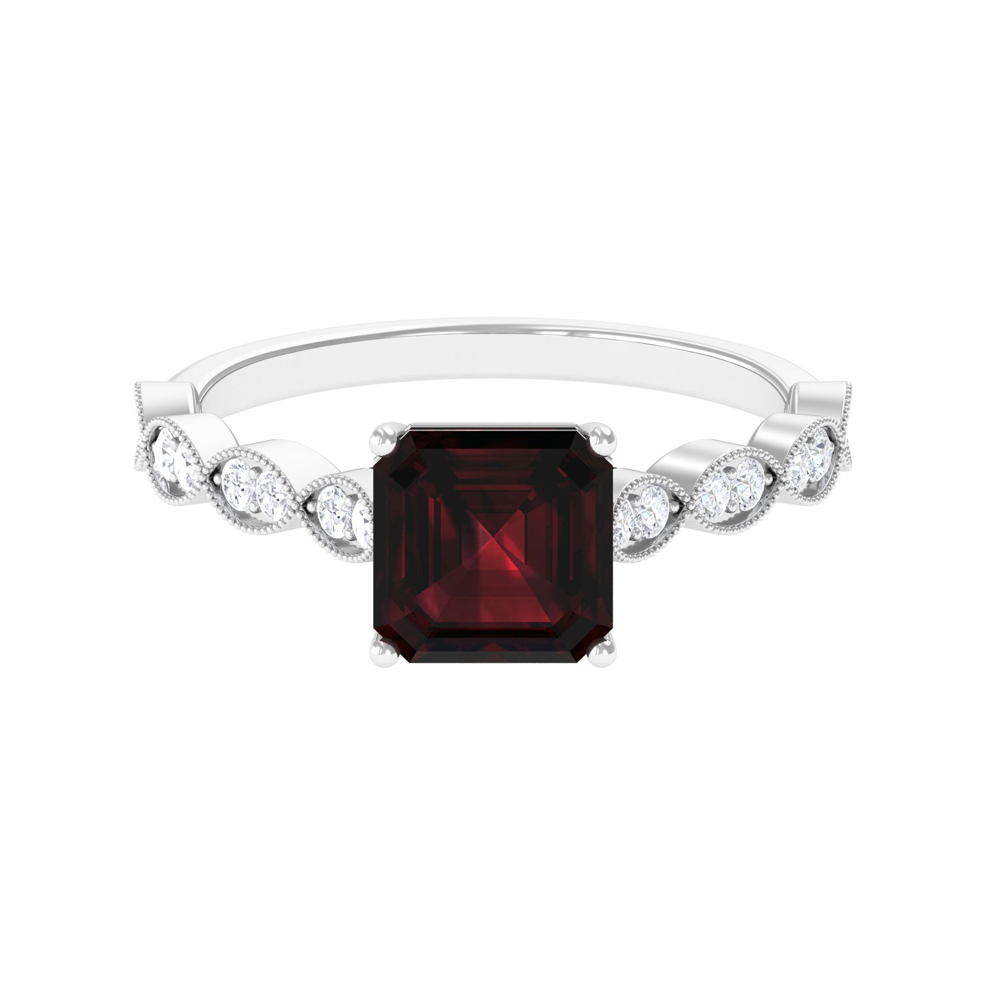 Bague de fiancailles en grenat taille Asscher de 3 25 ct avec pierres laterales en diamant Garnet AAA Quality 92.5 Sterling Silver 4.5