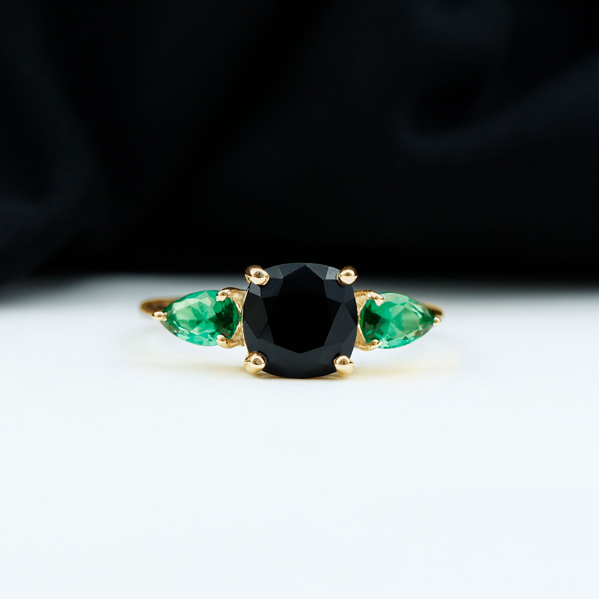 Cushion Cut Created Black Diamond Three Stone Ring Lab Created Black Diamond - ( AAAA ) - Quality - Rosec Jewels