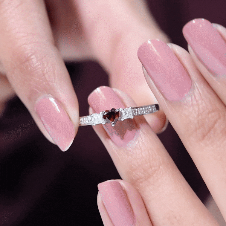 Three Stone Engagement Ring with Heart Shape Garnet and Diamond Garnet - ( AAA ) - Quality - Rosec Jewels
