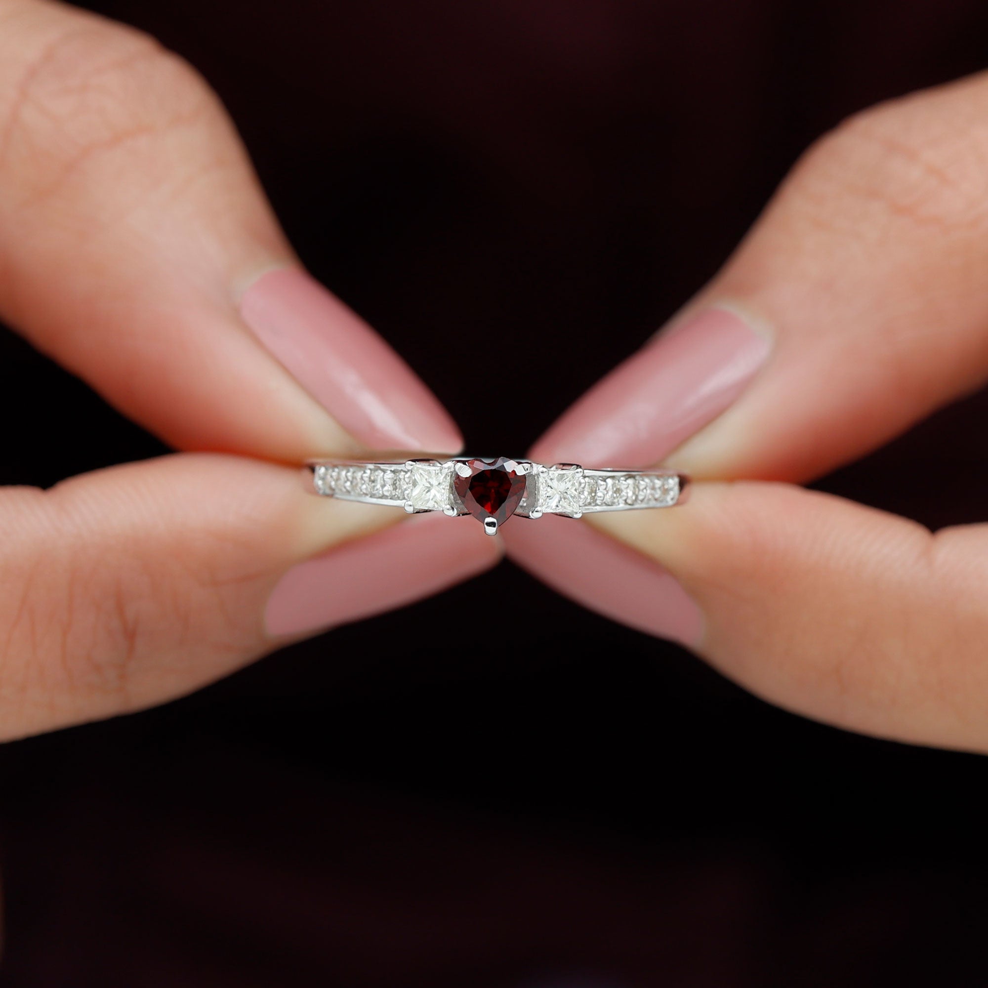 Three Stone Engagement Ring with Heart Shape Garnet and Diamond Garnet - ( AAA ) - Quality - Rosec Jewels