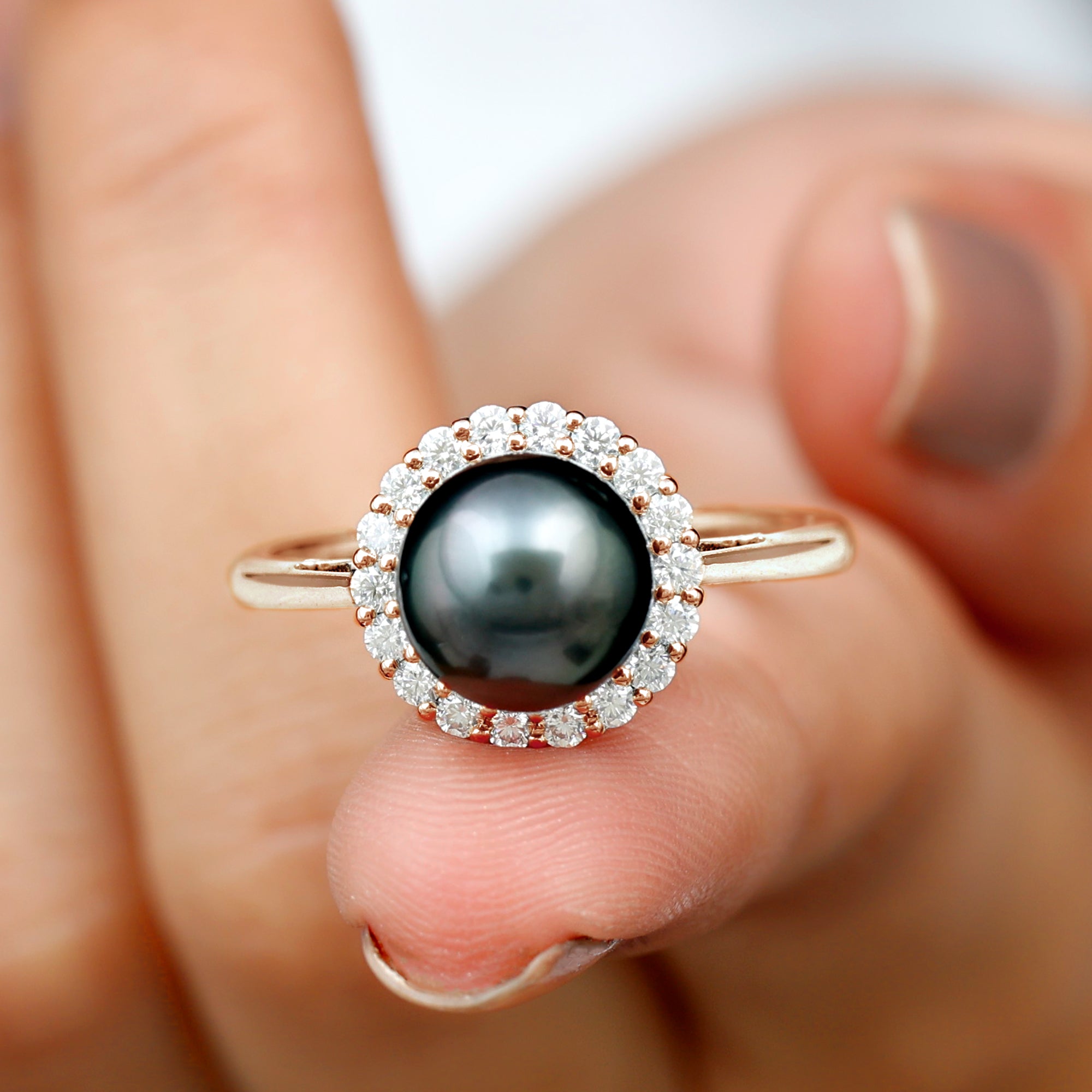 Rosec Jewels-Natural Tahitian Pearl Solitaire with Diamond Halo Ring