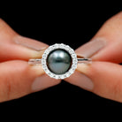 Rosec Jewels-Natural Tahitian Pearl Solitaire with Diamond Halo Ring