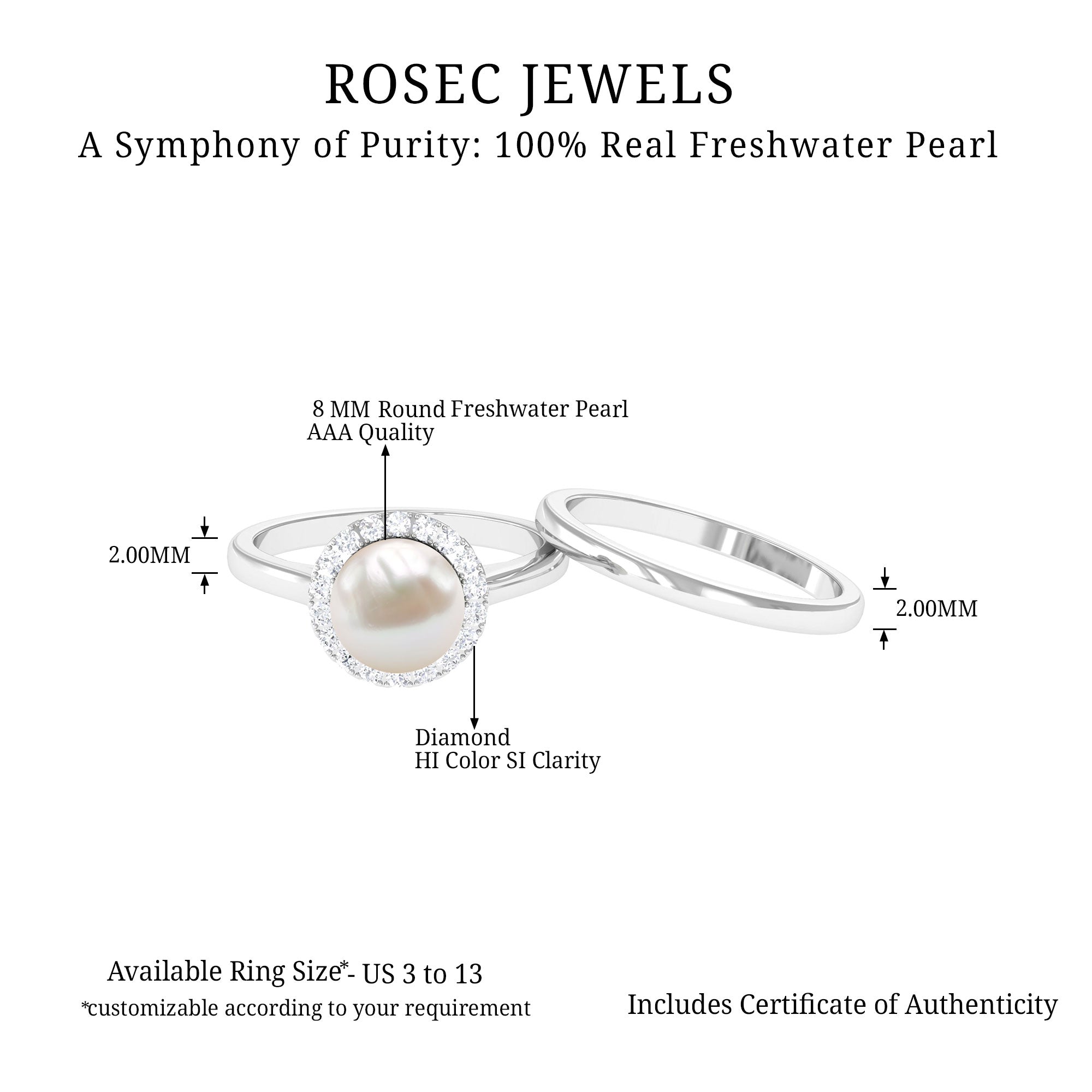 Real Freshwater Pearl Halo Wedding Ring Set with Plain Band Freshwater Pearl - ( AAA ) - Quality - Rosec Jewels