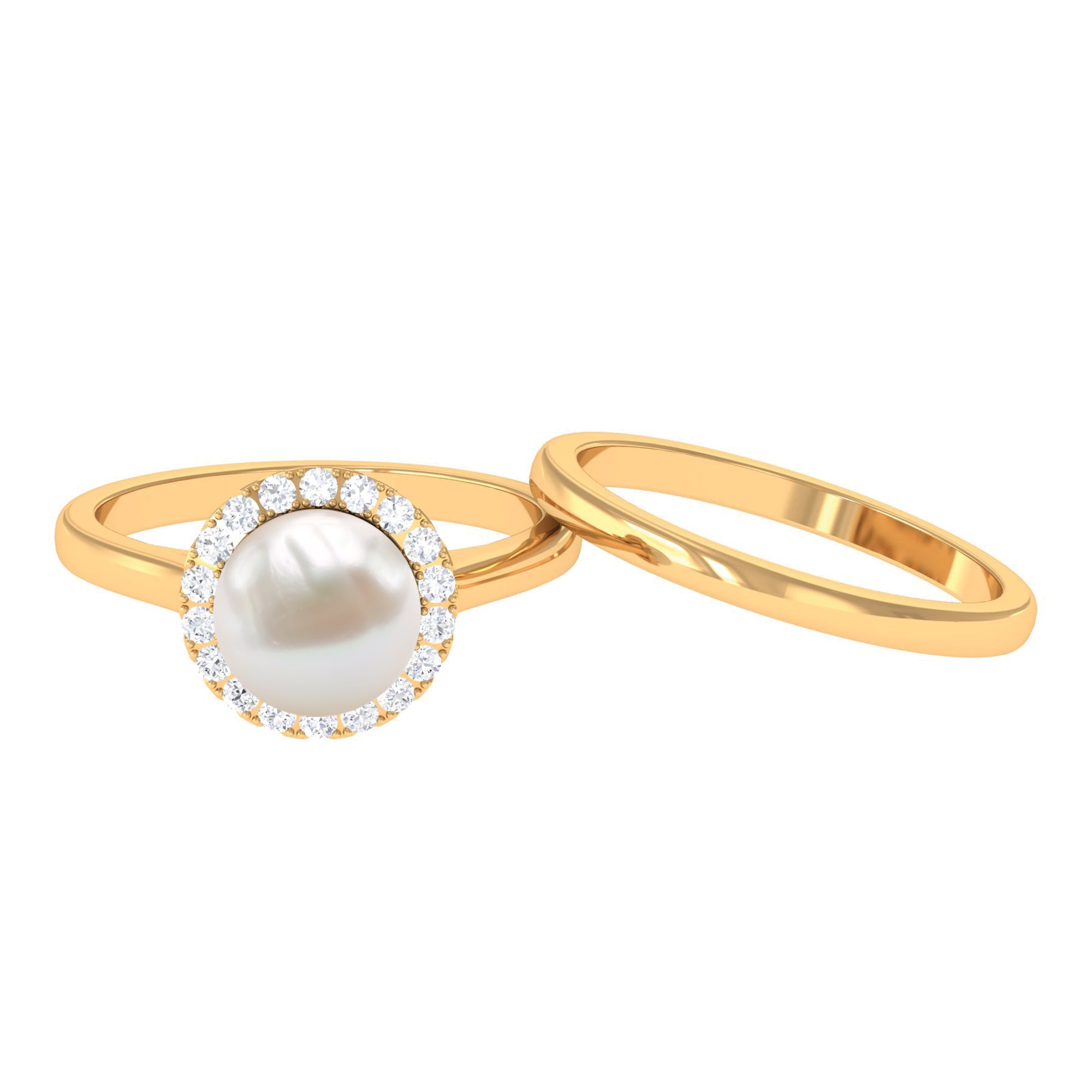 Real Freshwater Pearl Halo Wedding Ring Set with Plain Band Freshwater Pearl - ( AAA ) - Quality - Rosec Jewels