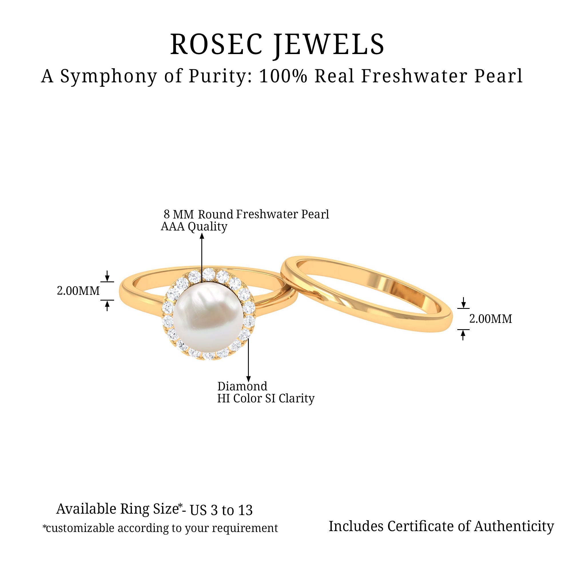 Real Freshwater Pearl Halo Wedding Ring Set with Plain Band Freshwater Pearl - ( AAA ) - Quality - Rosec Jewels